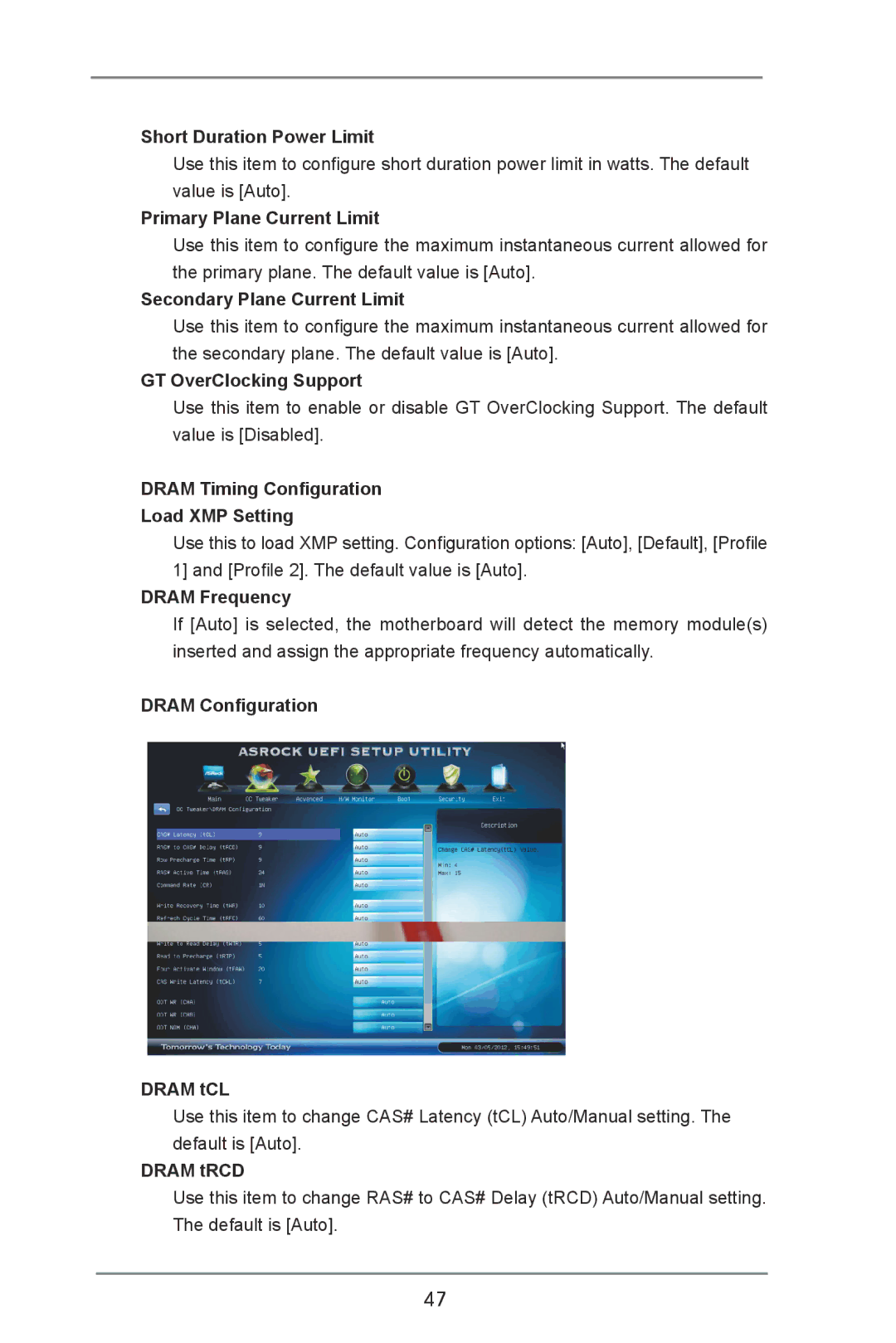 ASRock B75 Pro3 Short Duration Power Limit, Primary Plane Current Limit, Secondary Plane Current Limit, Dram Frequency 