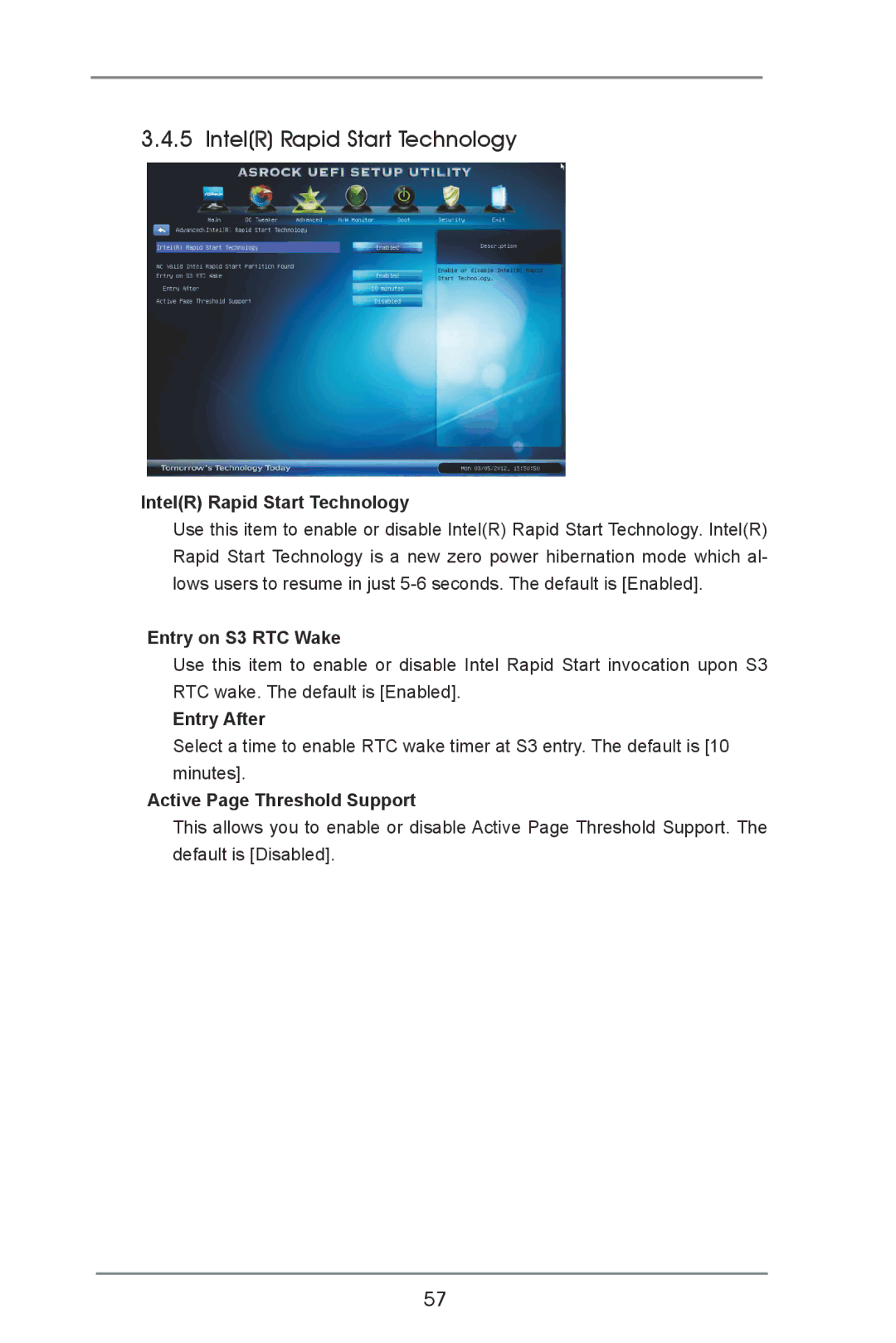 ASRock B75 Pro3 manual IntelR Rapid Start Technology, Entry on S3 RTC Wake, Entry After, Active Page Threshold Support 