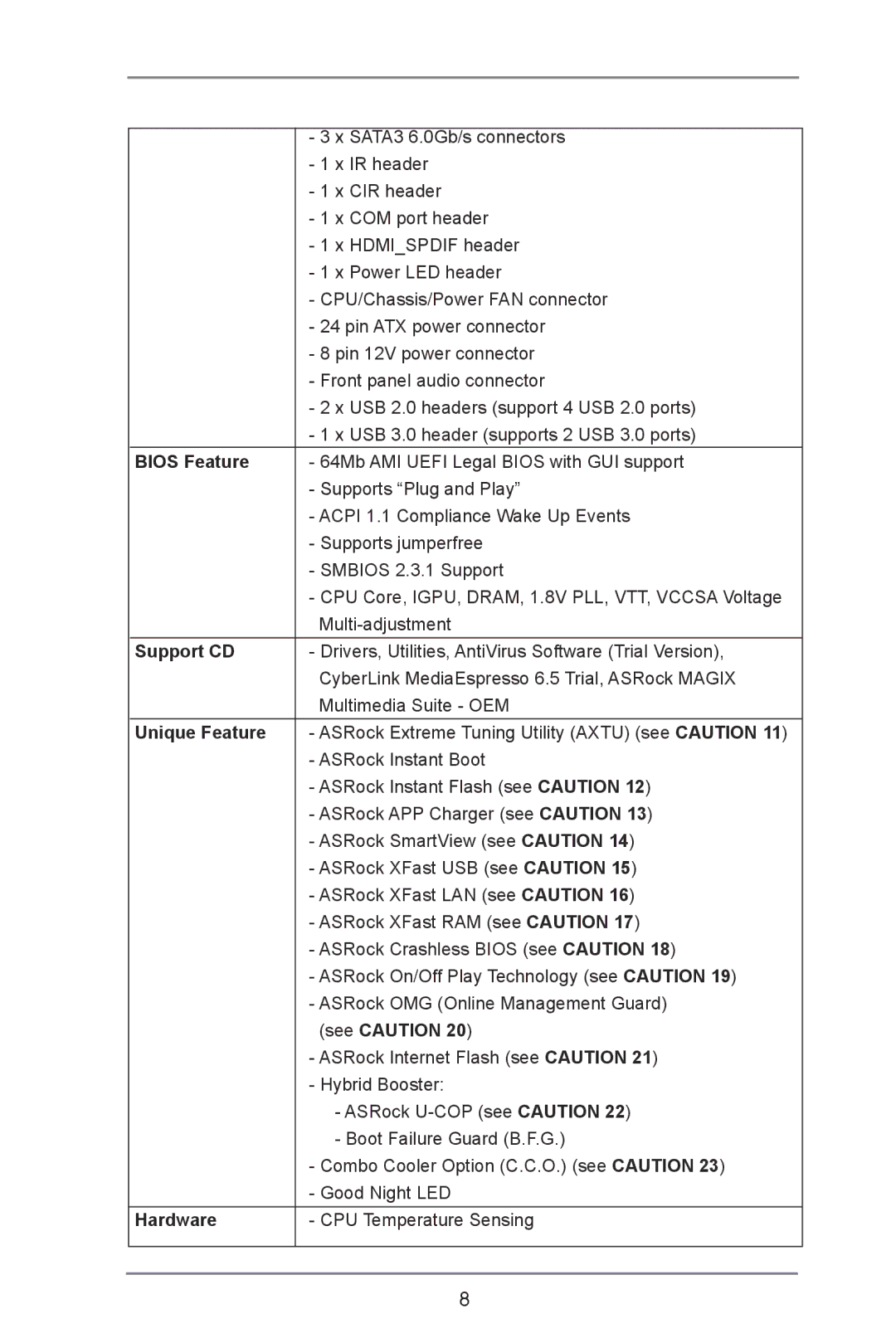 ASRock B75 Pro3 manual Support CD, Unique Feature, Hardware 