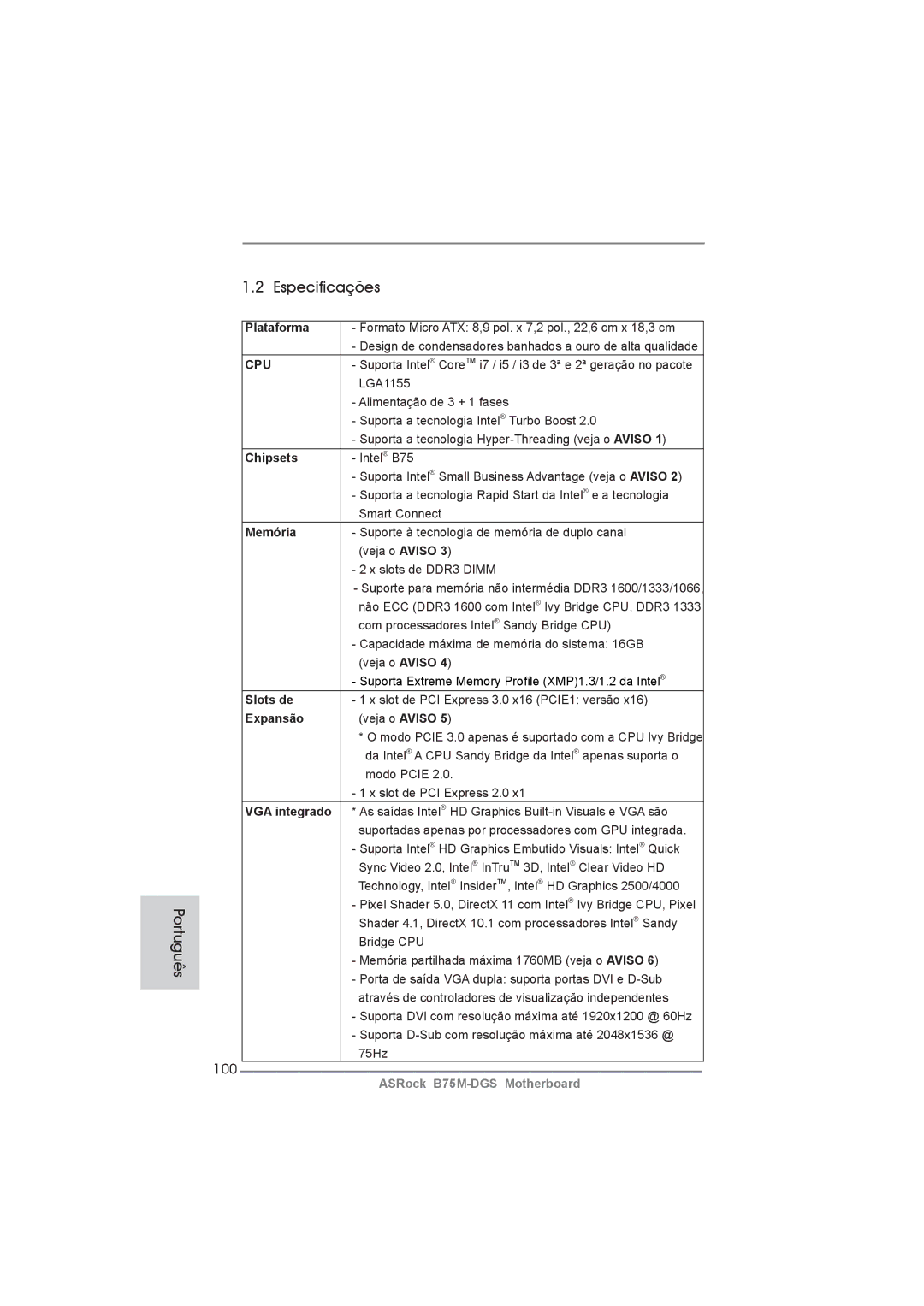 ASRock B75M-DGS manual Especificações, 100 