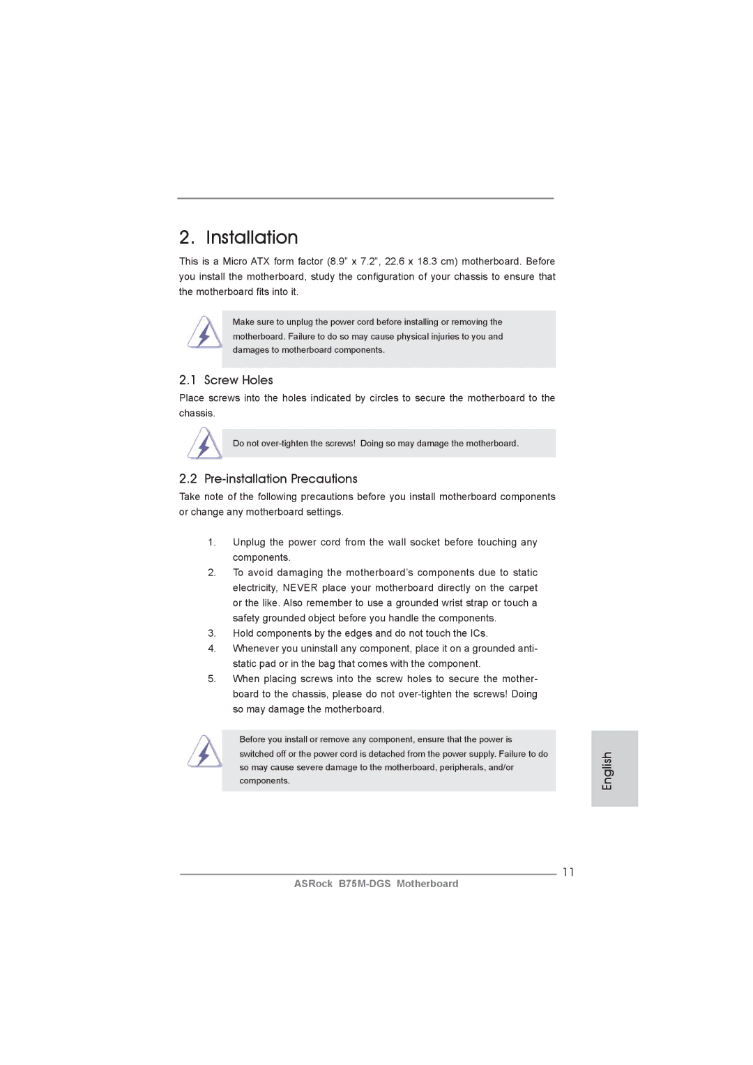 ASRock B75M-DGS manual Installation, Screw Holes, Pre-installation Precautions 