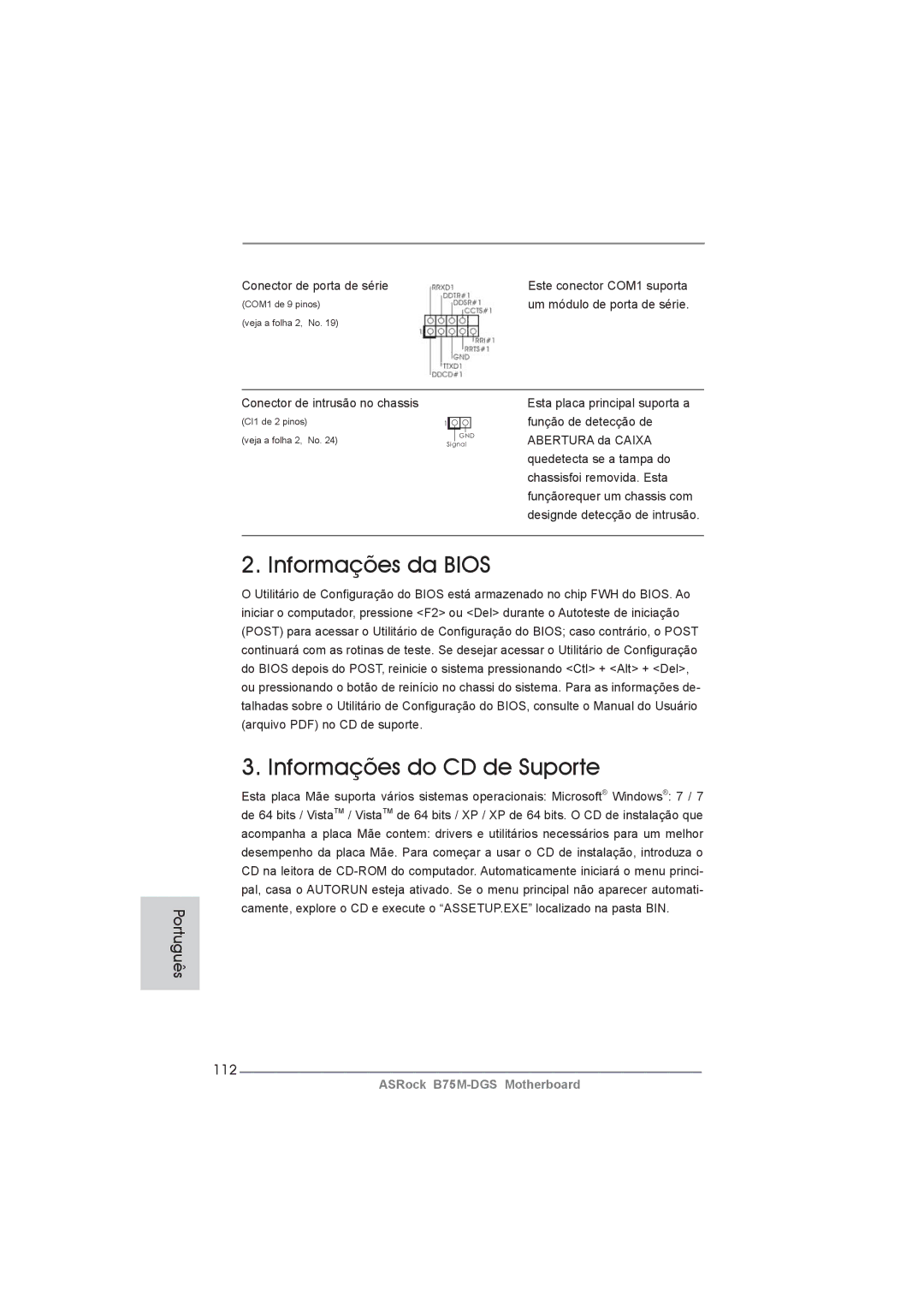 ASRock B75M-DGS manual Informações da Bios Informações do CD de Suporte, 112, Um módulo de porta de série 