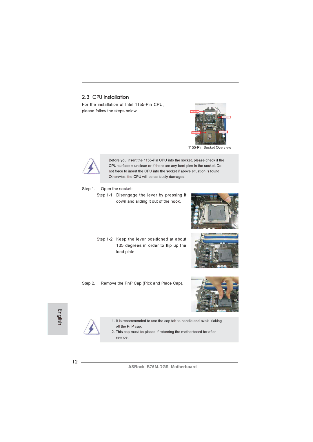 ASRock B75M-DGS manual CPU Installation, Remove the PnP Cap Pick and Place Cap 