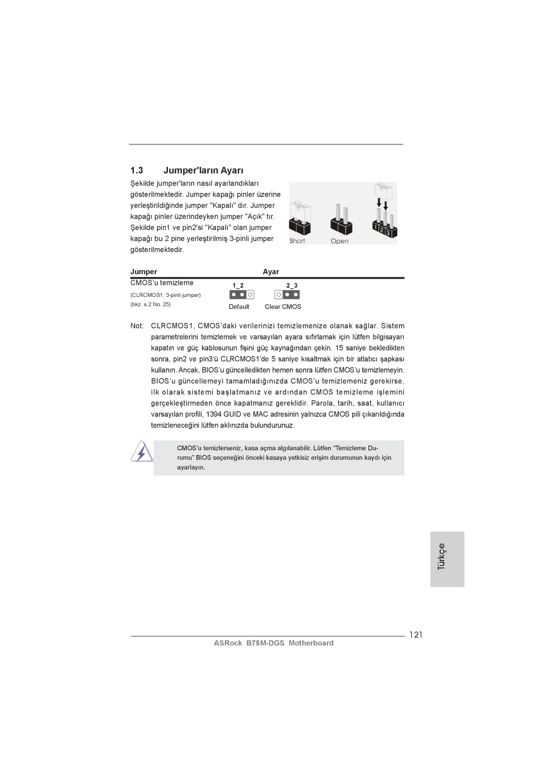 ASRock B75M-DGS manual 121, Jumper Ayar, CMOS’u temizleme 