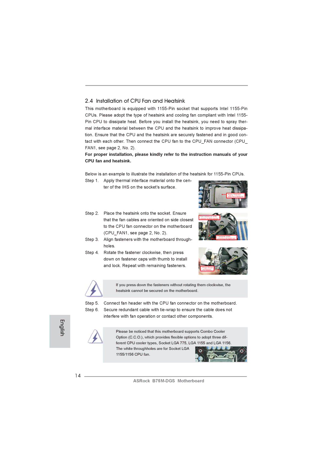 ASRock B75M-DGS manual Installation of CPU Fan and Heatsink 