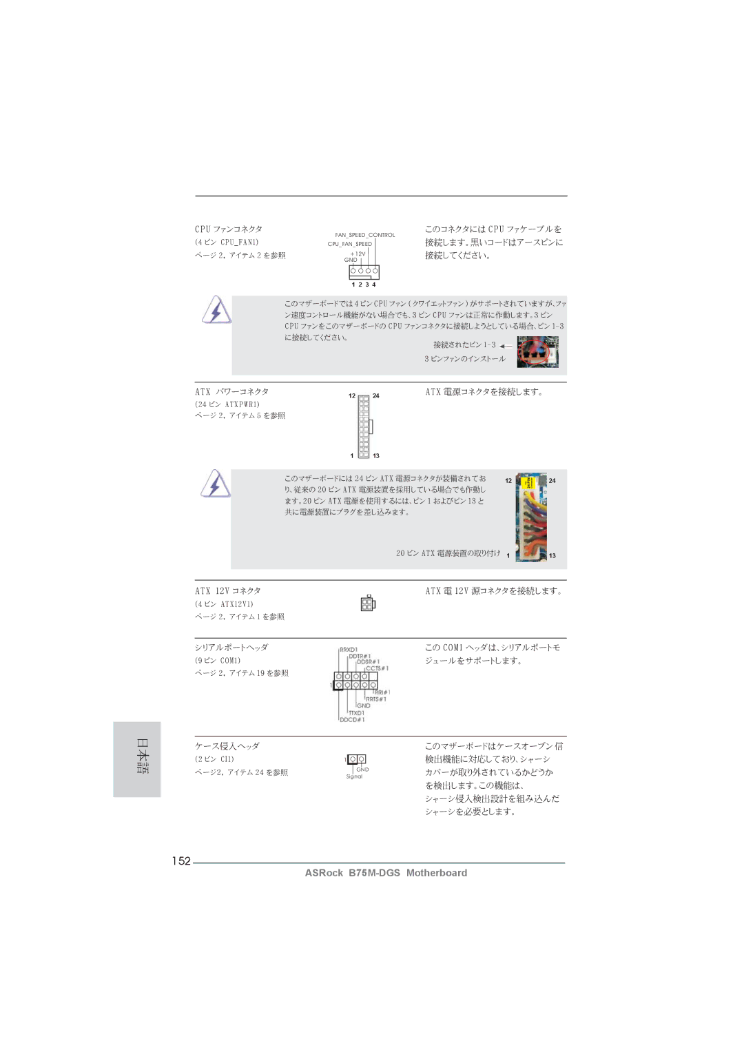 ASRock B75M-DGS manual 152, このコネクタには Cpu ファケーブルを 接続します。黒いコードはアースピンに 接続してください。 