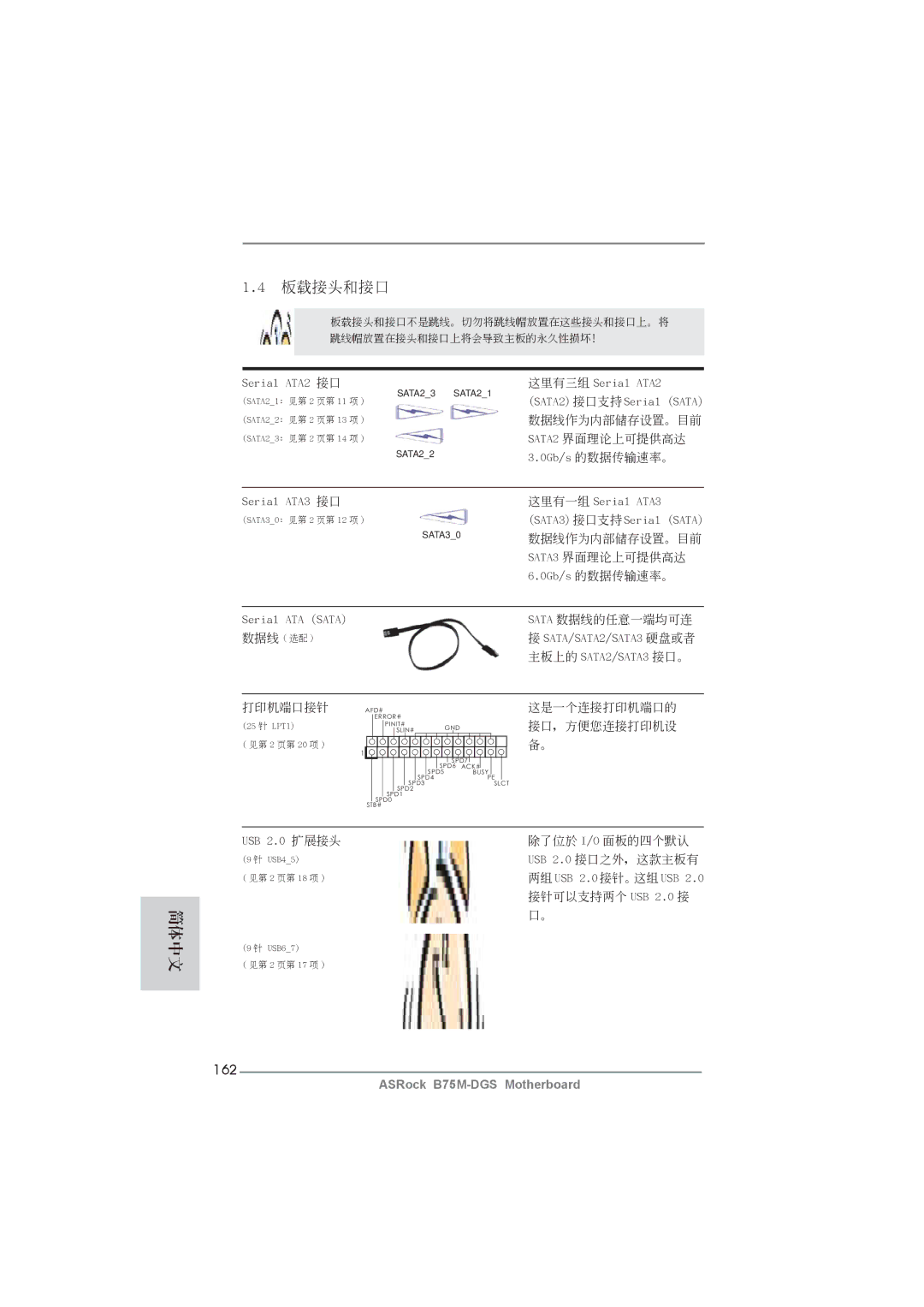 ASRock B75M-DGS manual 板載接頭和接口, 162 