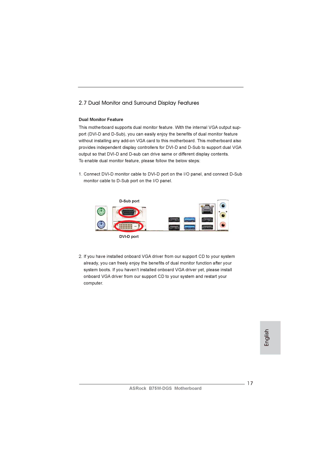 ASRock B75M-DGS manual Dual Monitor and Surround Display Features, Dual Monitor Feature, Sub port DVI-D port 