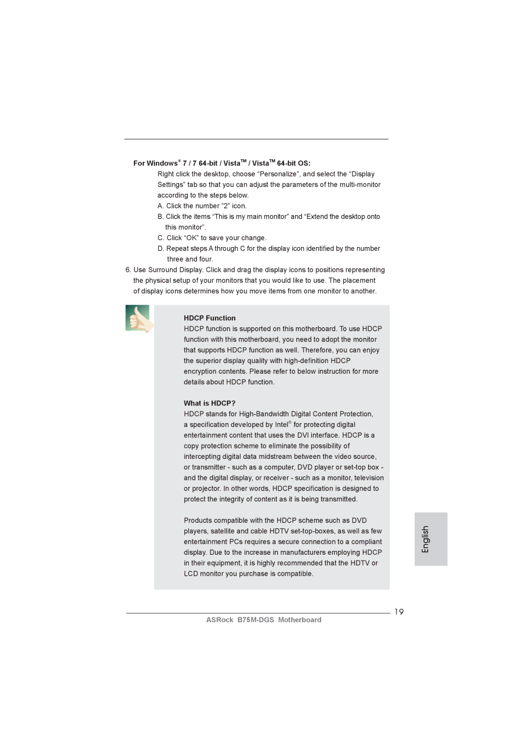 ASRock B75M-DGS manual For Windows 7 / 7 64-bit / VistaTM / VistaTM 64-bit OS, Hdcp Function, What is HDCP? 