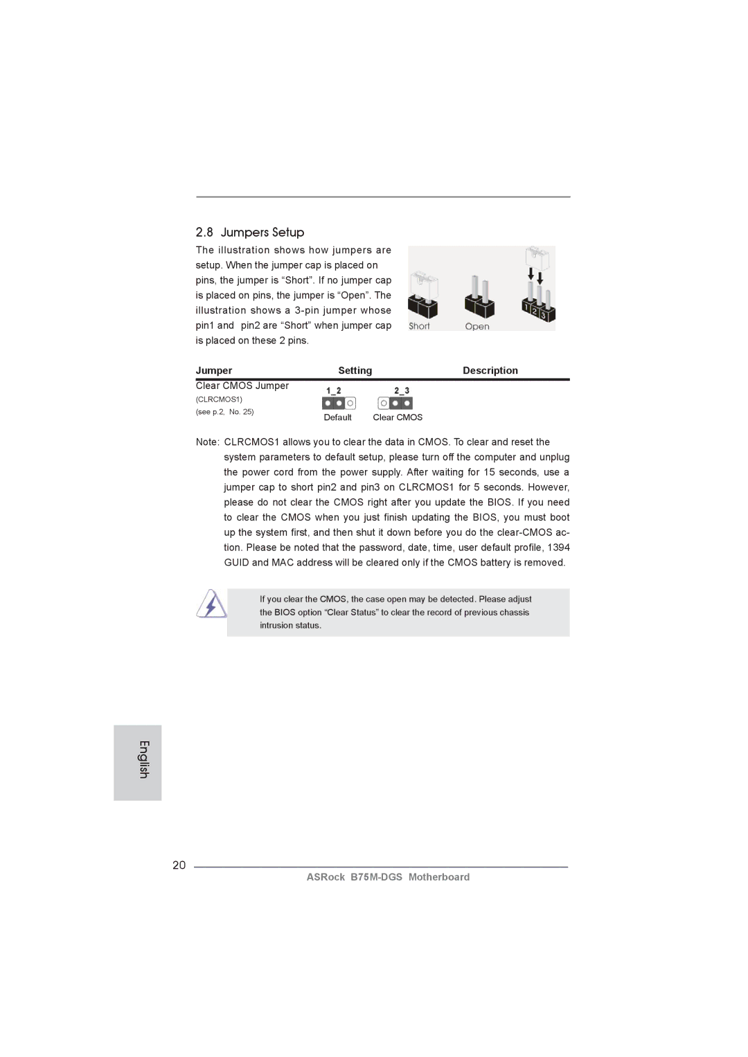 ASRock B75M-DGS manual Jumpers Setup, Description, Clear Cmos Jumper 