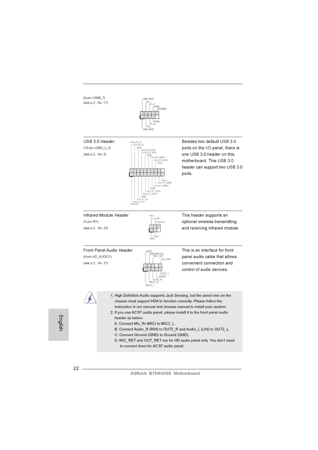 ASRock B75M-DGS manual USB 3.0 Header, This header supports an, Optional wireless transmitting, Front Panel Audio Header 