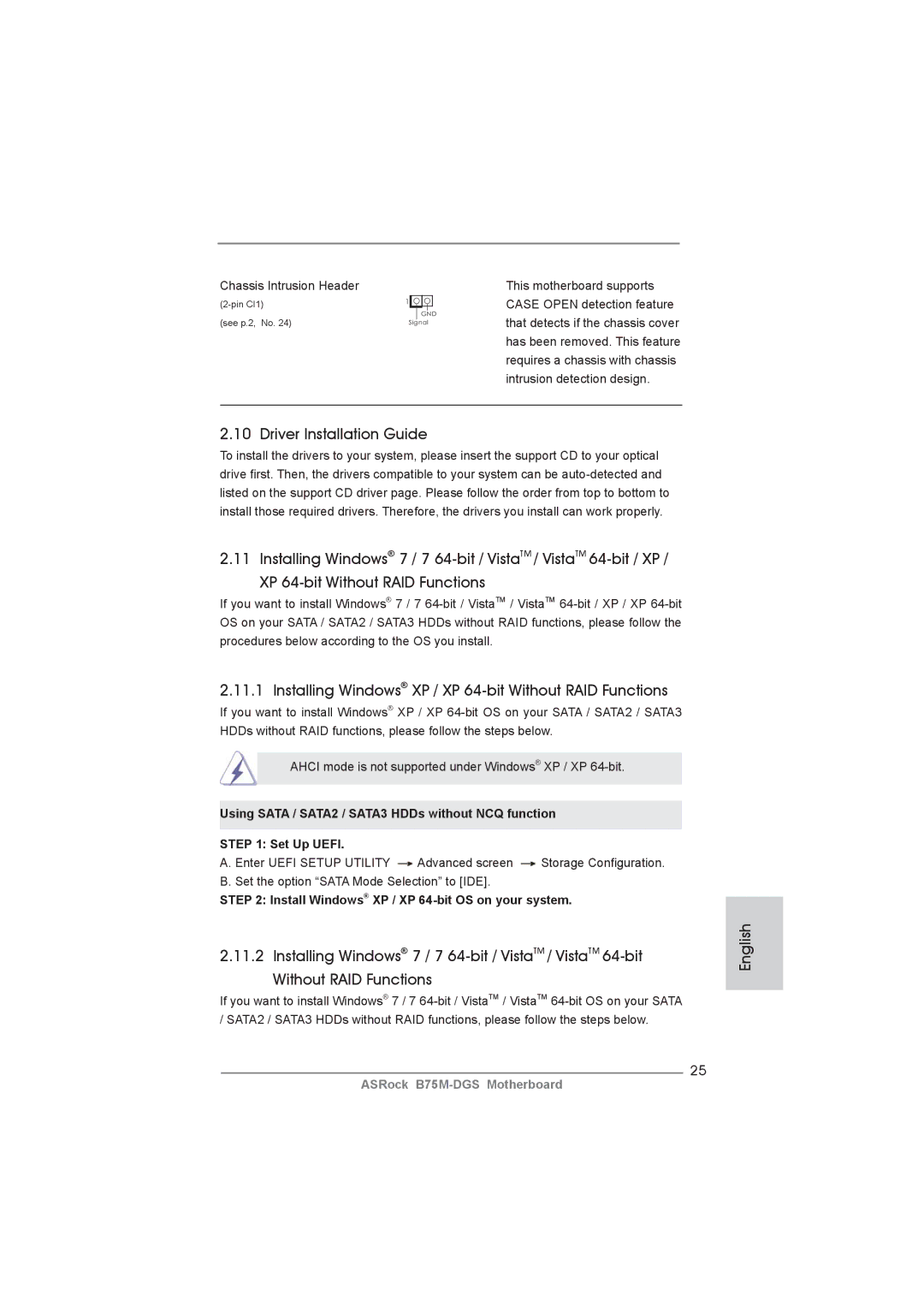 ASRock B75M-DGS manual Driver Installation Guide, Installing Windows XP / XP 64-bit Without RAID Functions 