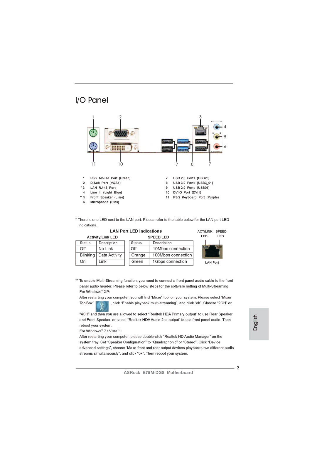 ASRock B75M-DGS manual Panel, LAN Port LED Indications, Activity/Link LED 