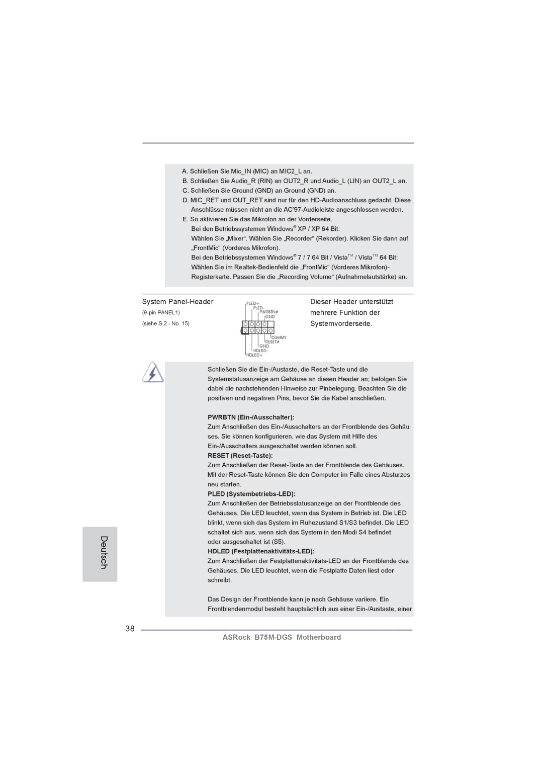 ASRock B75M-DGS manual System Panel-Header, Mehrere Funktion der, Systemvorderseite 