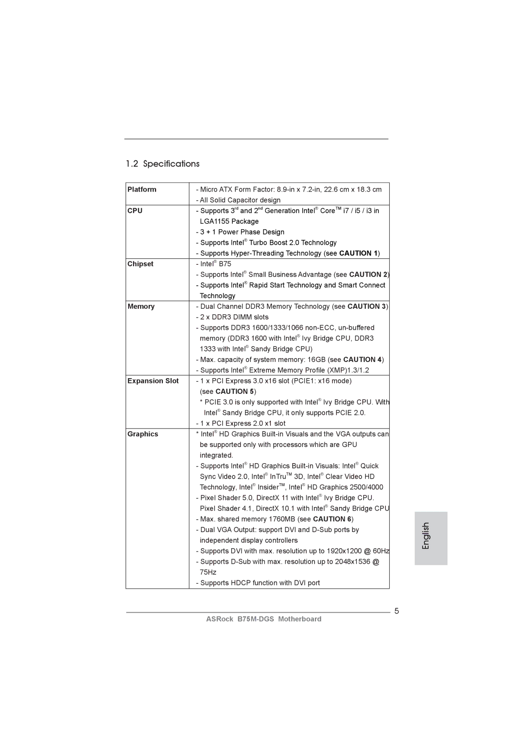 ASRock B75M-DGS manual Specifications 