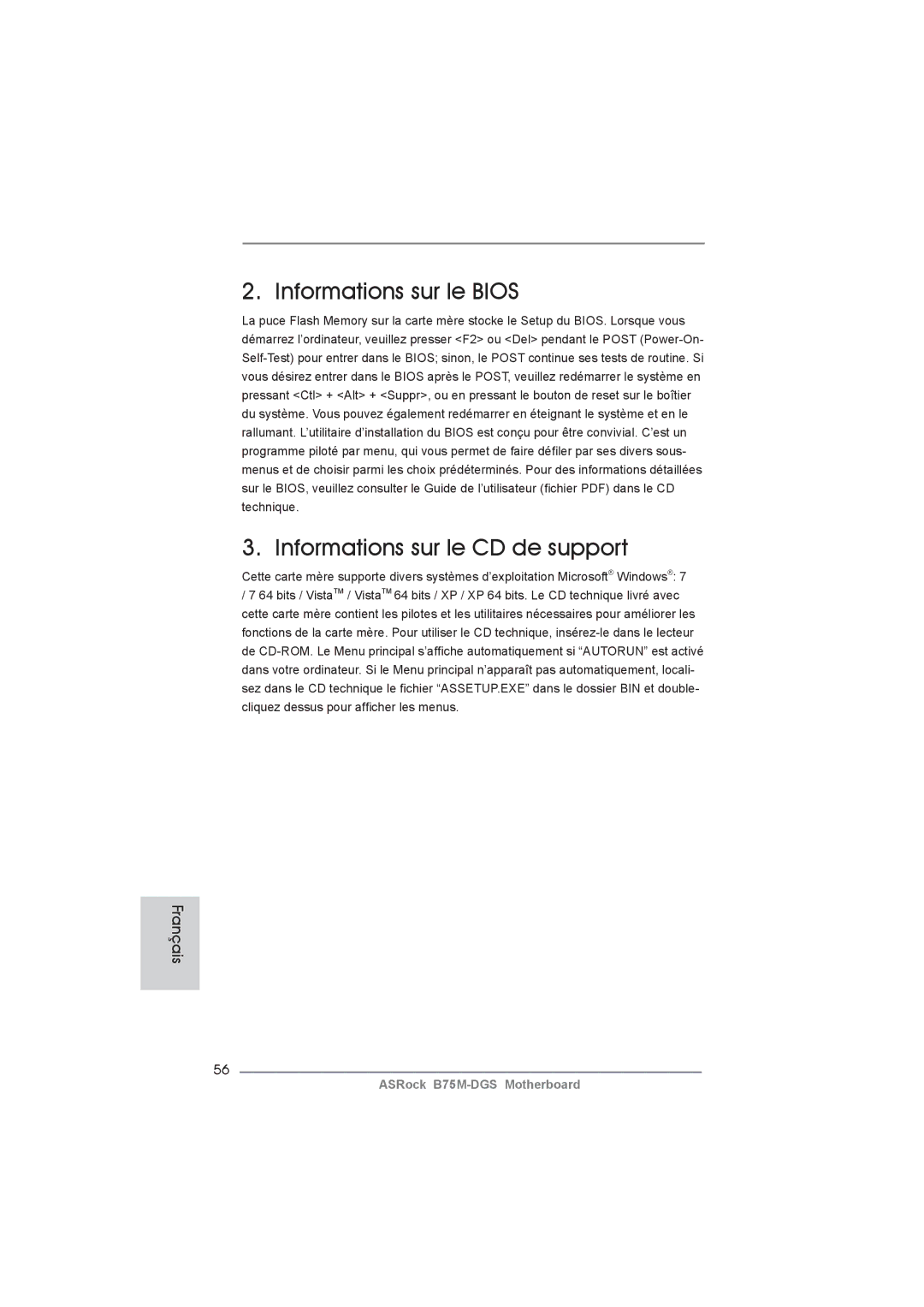 ASRock B75M-DGS manual Informations sur le Bios Informations sur le CD de support 