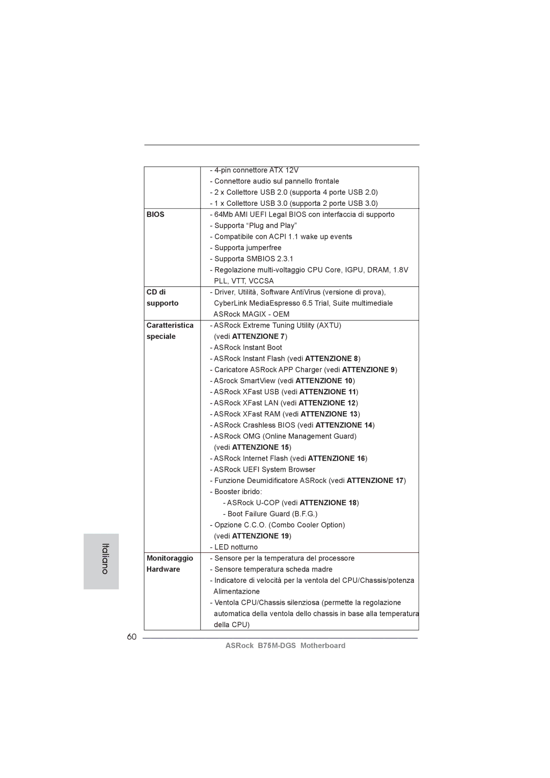 ASRock B75M-DGS manual CD di, Supporto, Caratteristica, Speciale Vedi Attenzione, Monitoraggio 