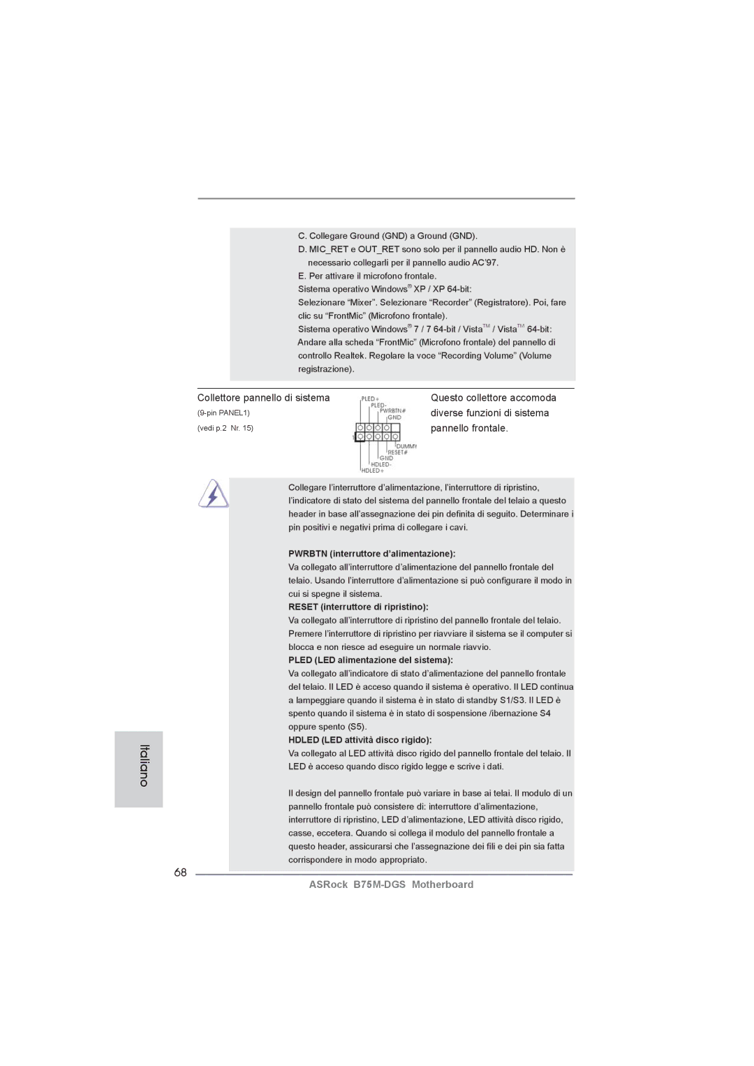 ASRock B75M-DGS manual Collettore pannello di sistema, Diverse funzioni di sistema 