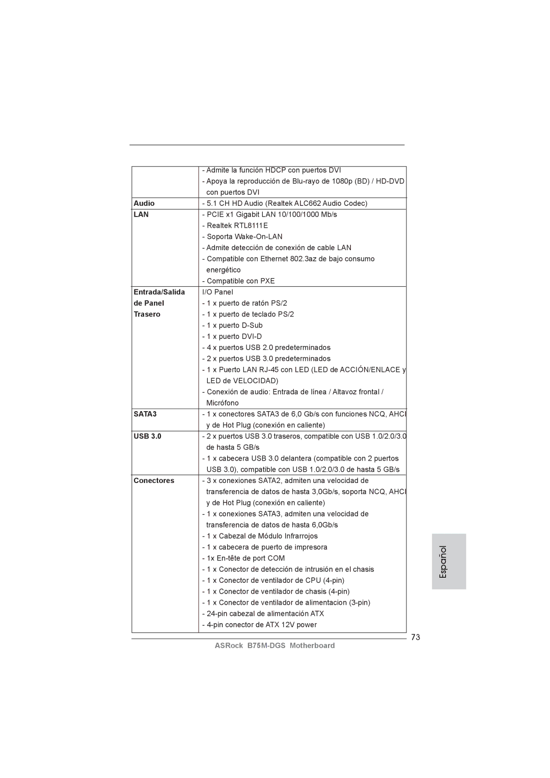 ASRock B75M-DGS manual Entrada/Salida, De Panel, Trasero, Conectores 