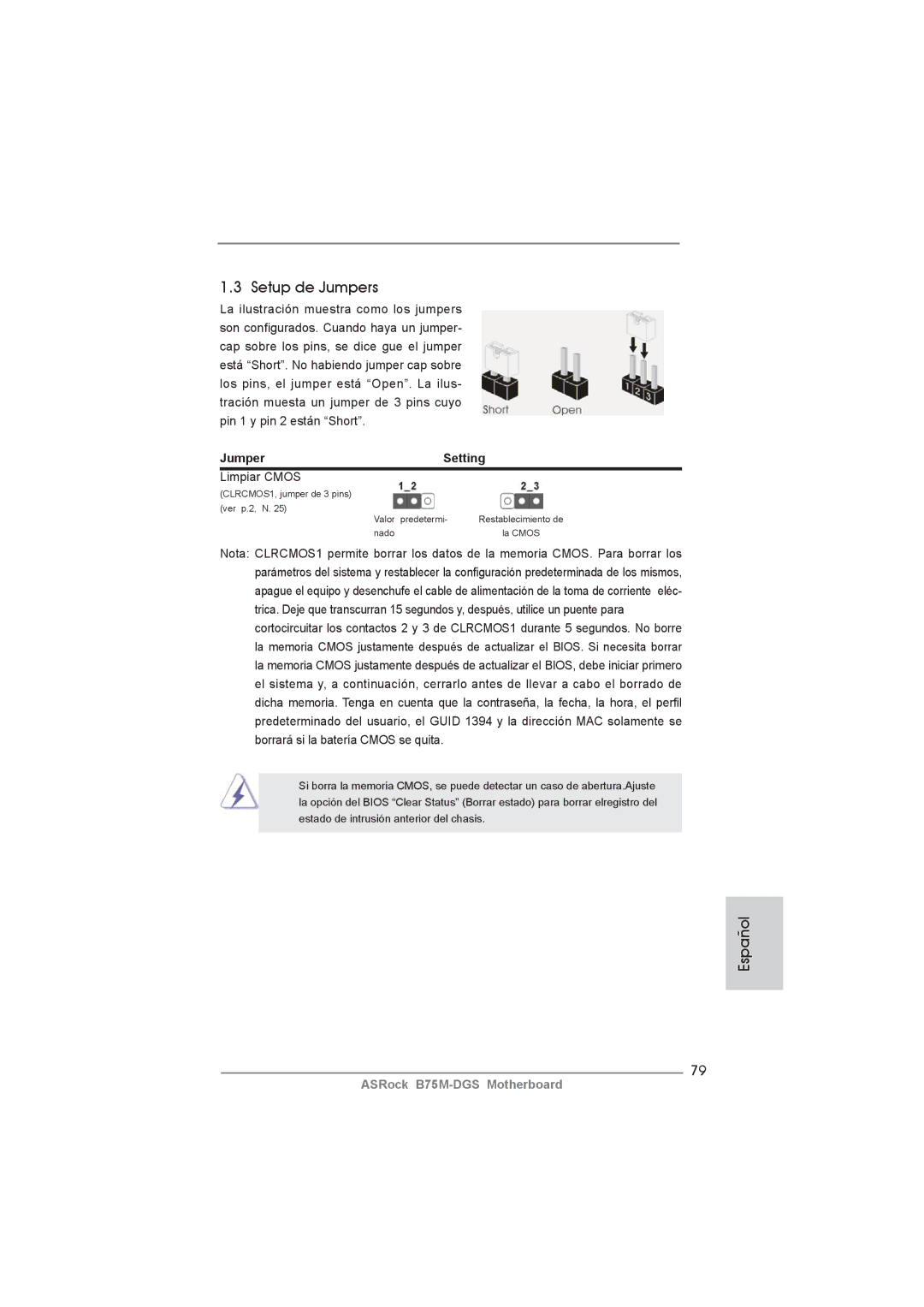 ASRock B75M-DGS manual Setup de Jumpers, Jumper Setting, Limpiar Cmos 