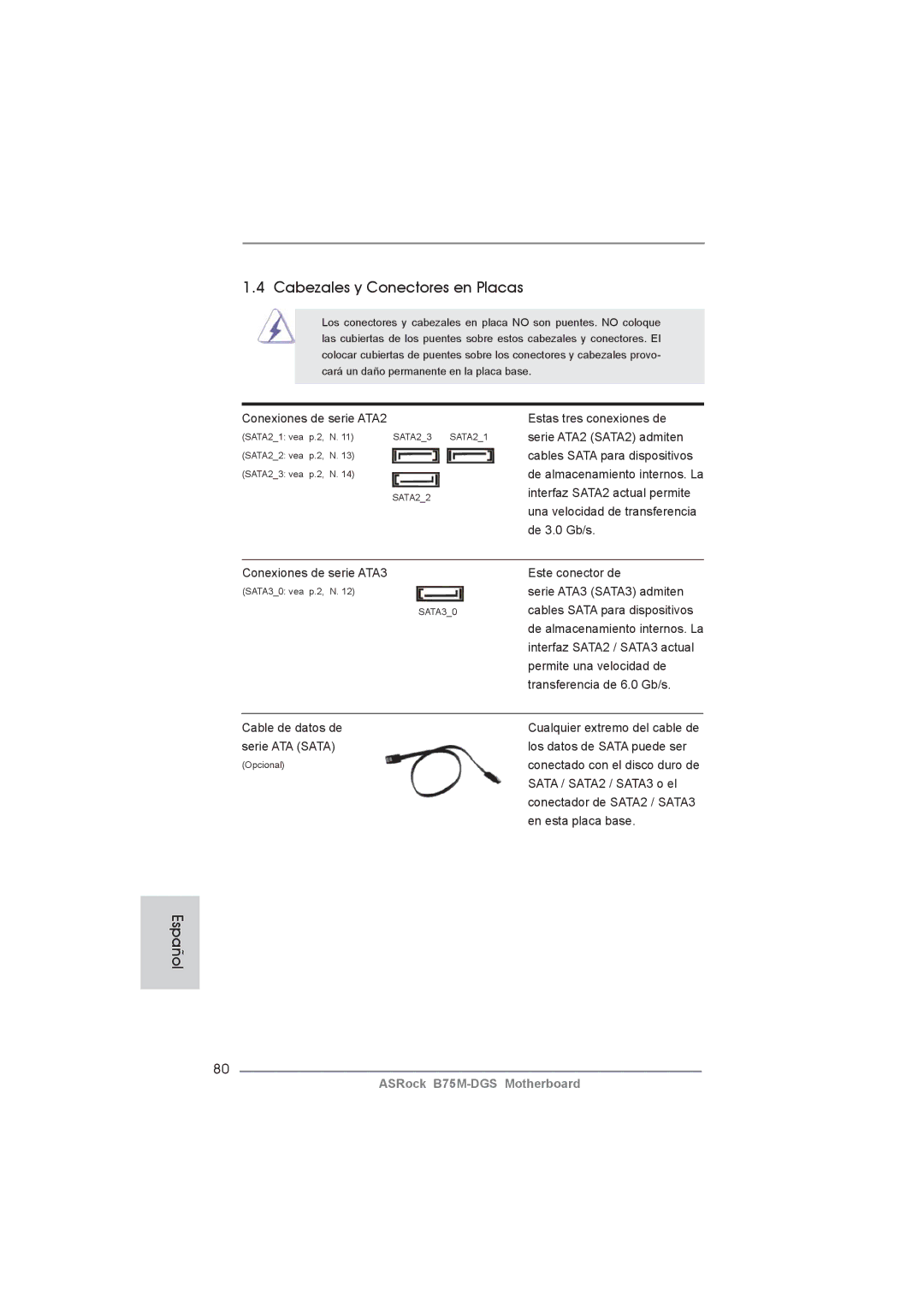 ASRock B75M-DGS manual Cabezales y Conectores en Placas 