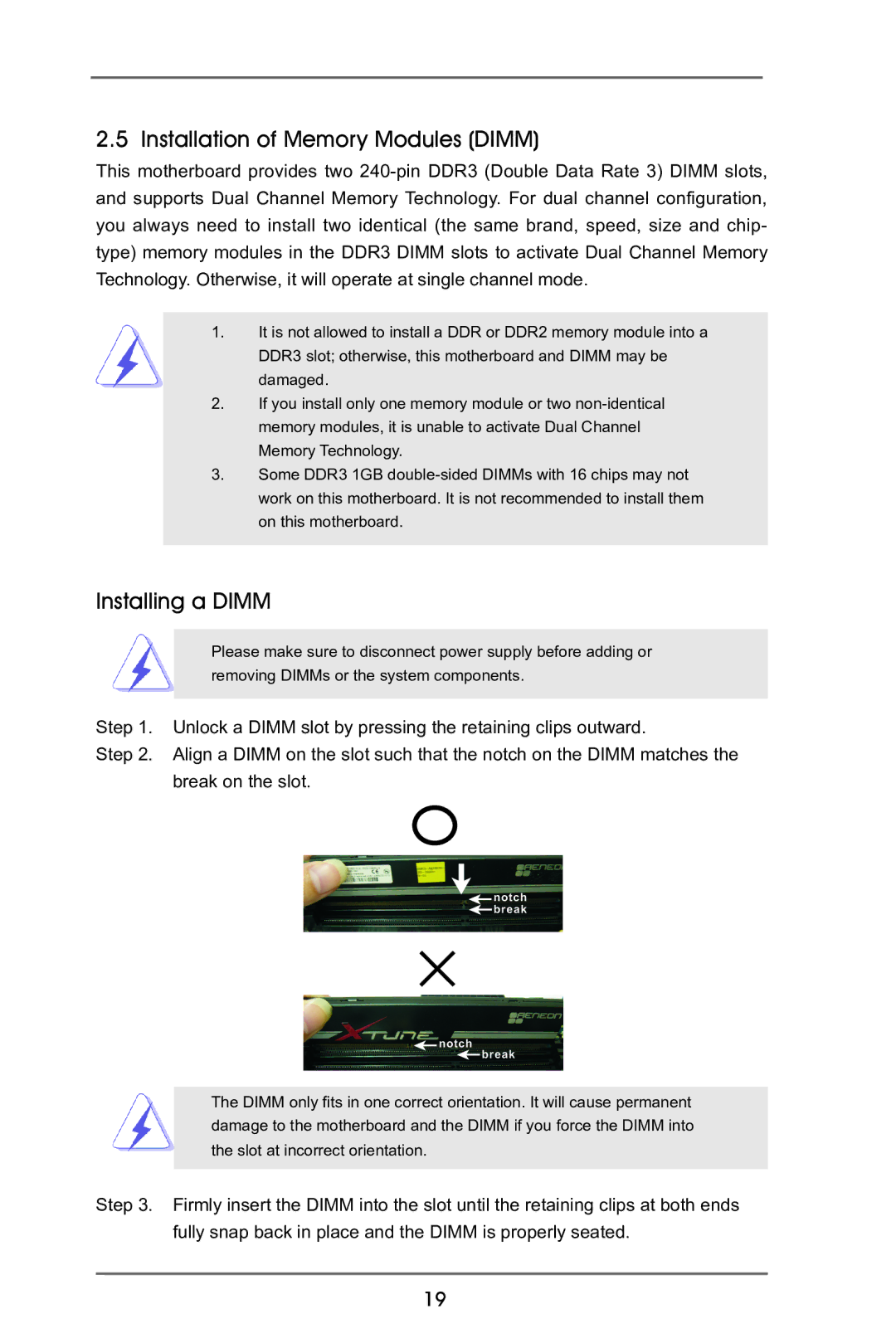 ASRock B75M-GL R2.0 manual Installation of Memory Modules Dimm, Installing a Dimm 