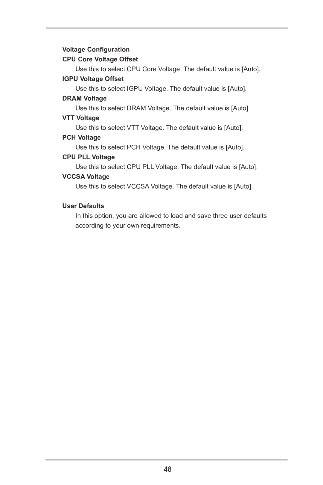 ASRock B75M-GL R2.0 manual Voltage Configuration CPU Core Voltage Offset, Igpu Voltage Offset, Dram Voltage, VTT Voltage 