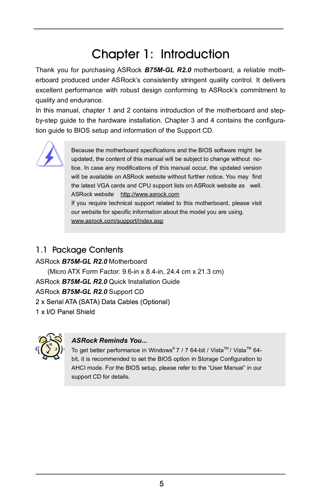 ASRock B75M-GL R2.0 manual Introduction, Package Contents 