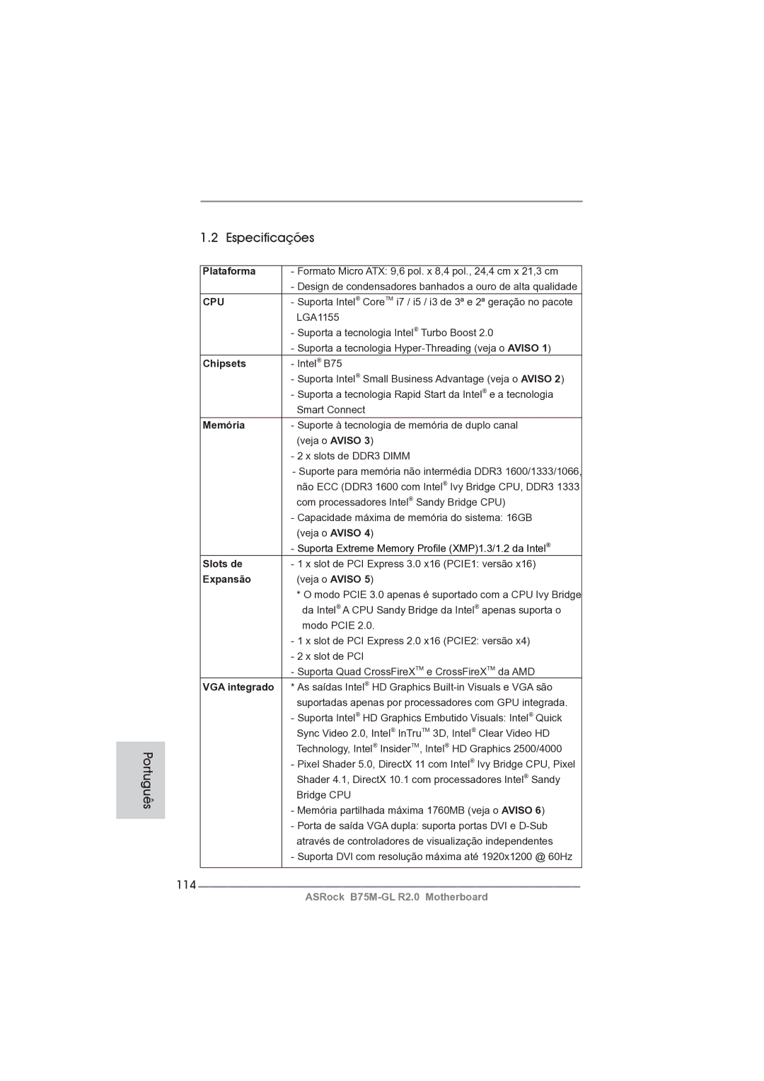 ASRock B75M-GL R2.0 manual Especificações, 114 