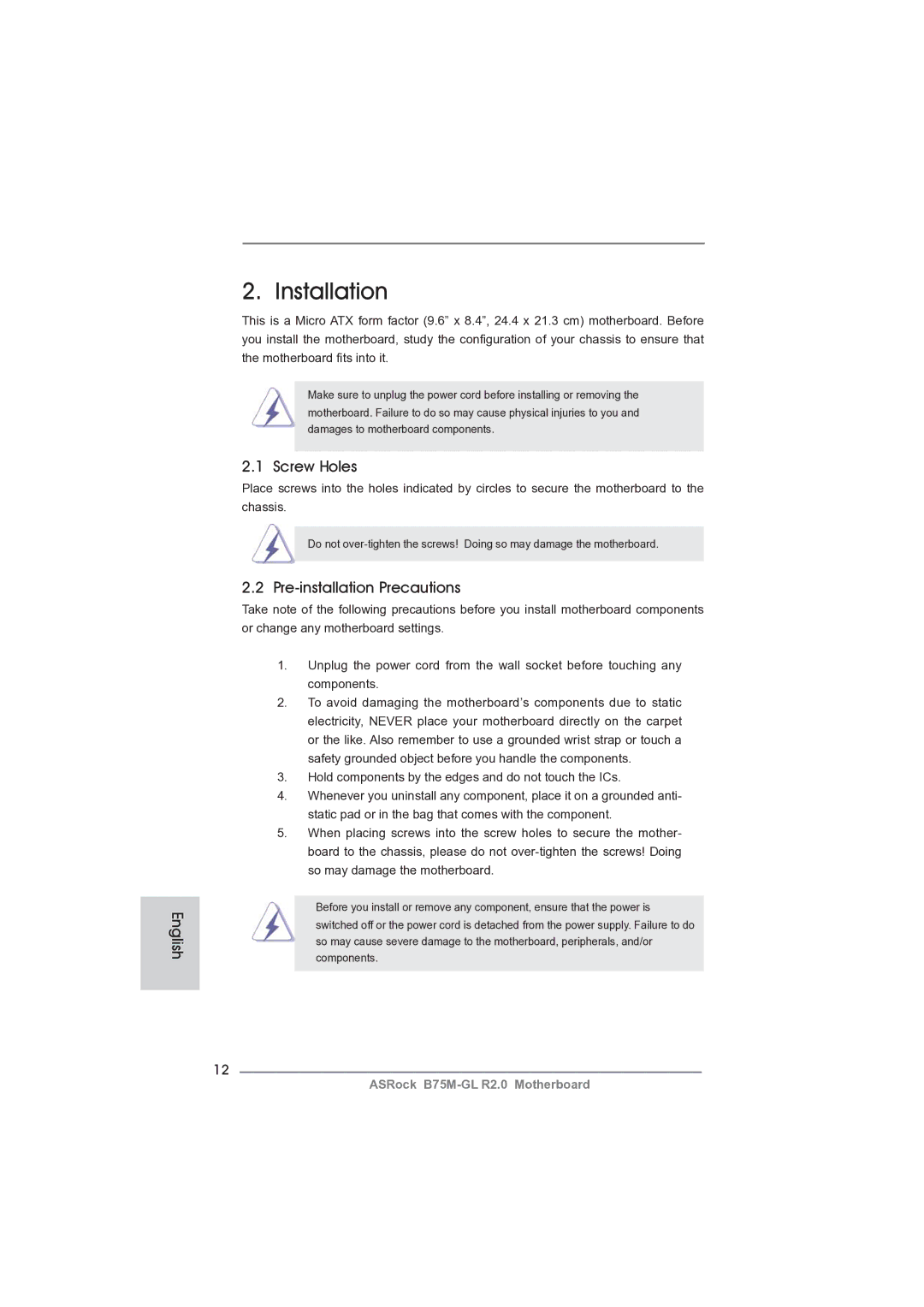 ASRock B75M-GL R2.0 manual Installation, Screw Holes, Pre-installation Precautions 