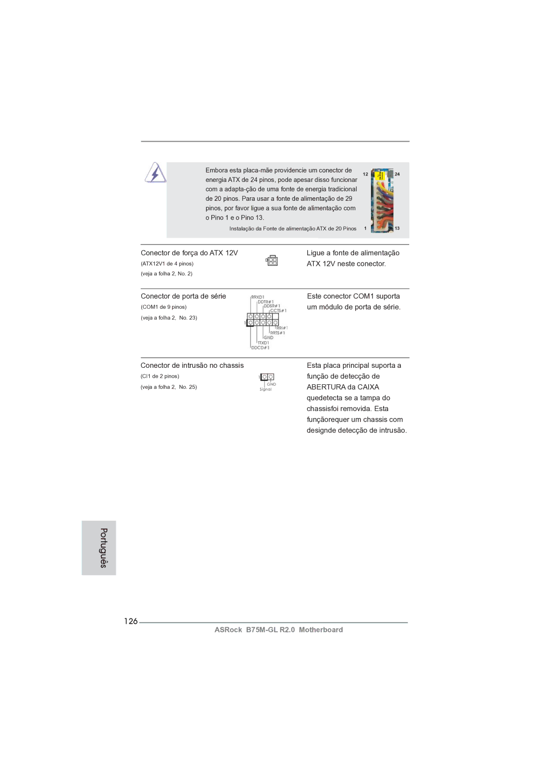 ASRock B75M-GL R2.0 manual 126, Conector de força do ATX Ligue a fonte de alimentação, ATX 12V neste conector 