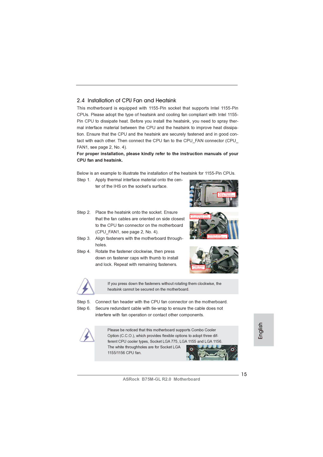 ASRock B75M-GL R2.0 manual Installation of CPU Fan and Heatsink 