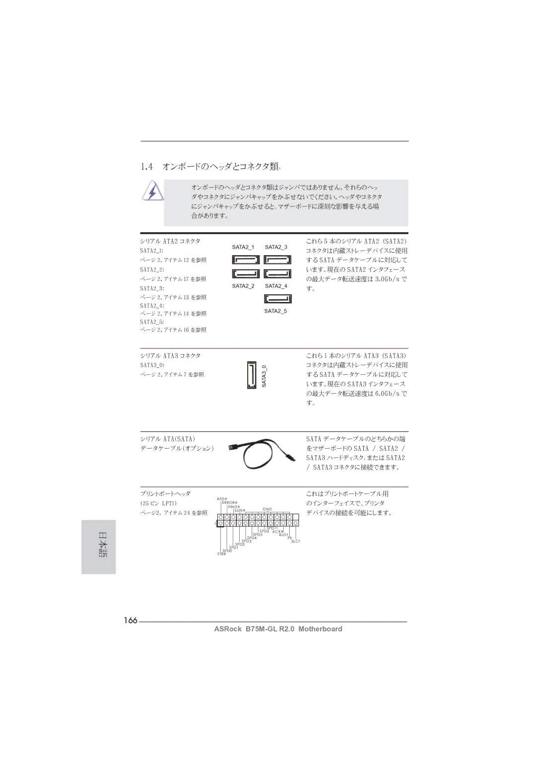 ASRock B75M-GL R2.0 manual オンボードのヘッダとコネクタ類。, 166 