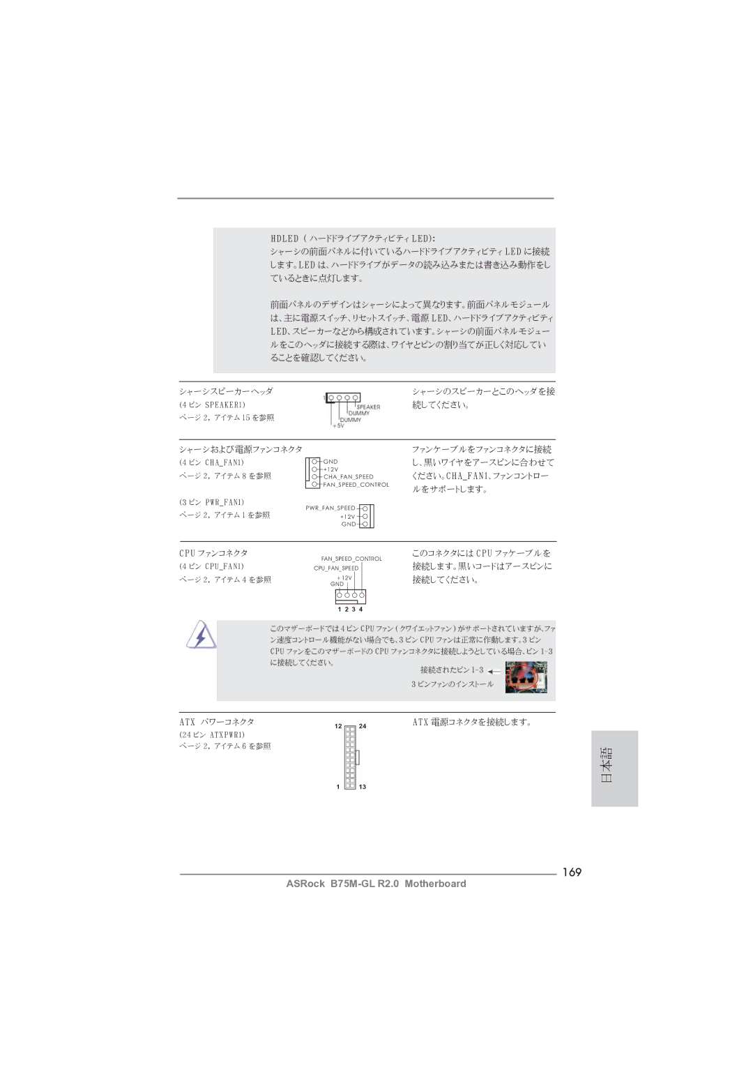 ASRock B75M-GL R2.0 manual 169, シャーシおよび電源ファンコネクタ 