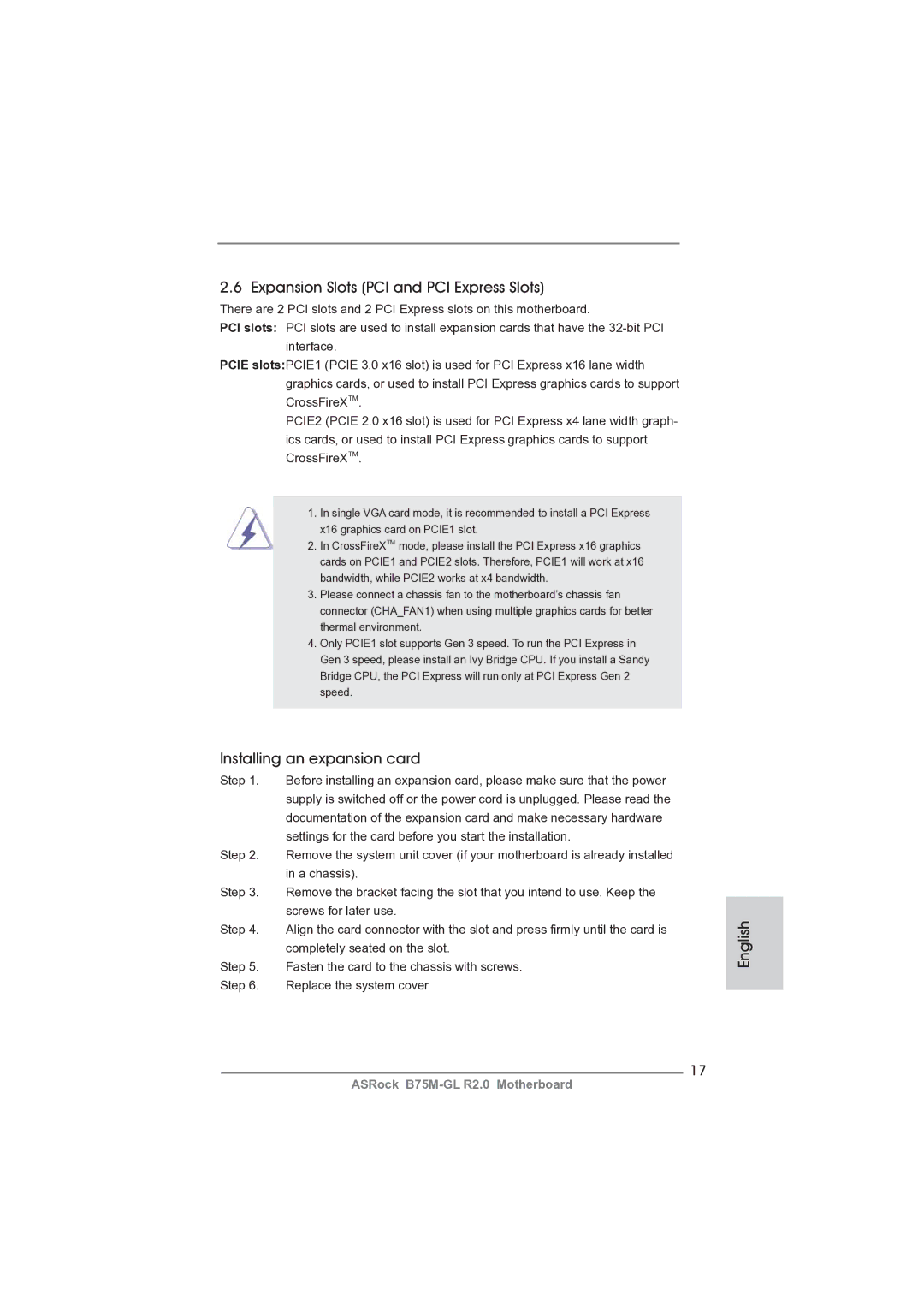 ASRock B75M-GL R2.0 manual Expansion Slots PCI and PCI Express Slots, Installing an expansion card 