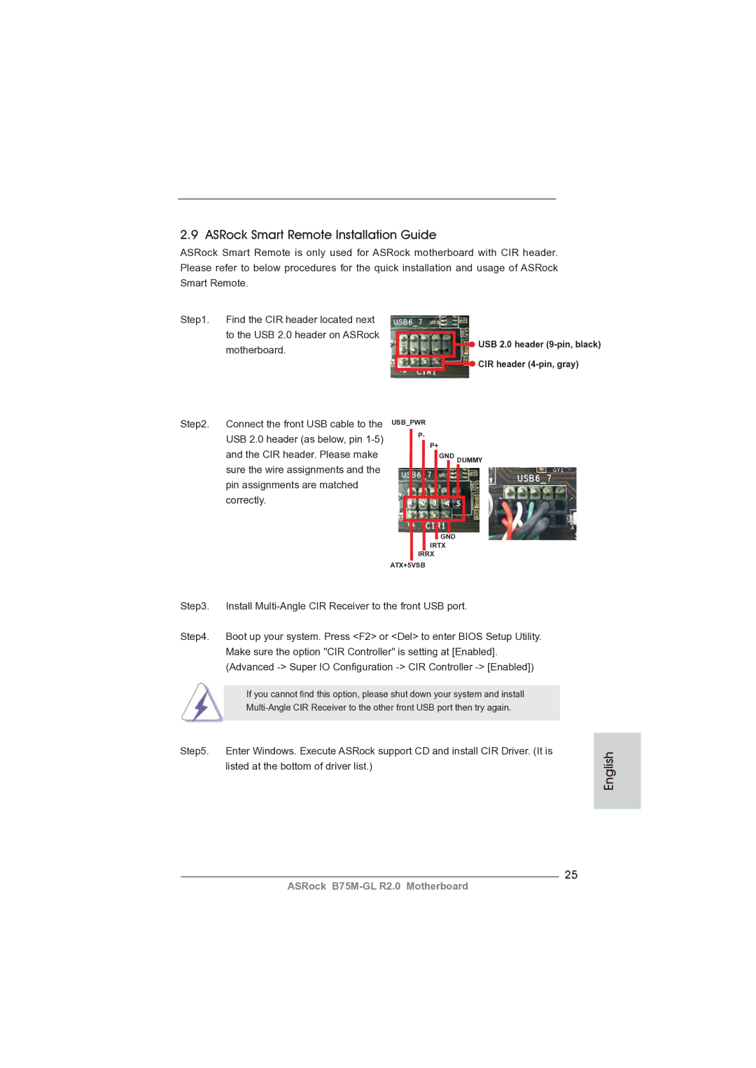 ASRock B75M-GL R2.0 manual ASRock Smart Remote Installation Guide, Install Multi-Angle CIR Receiver to the front USB port 