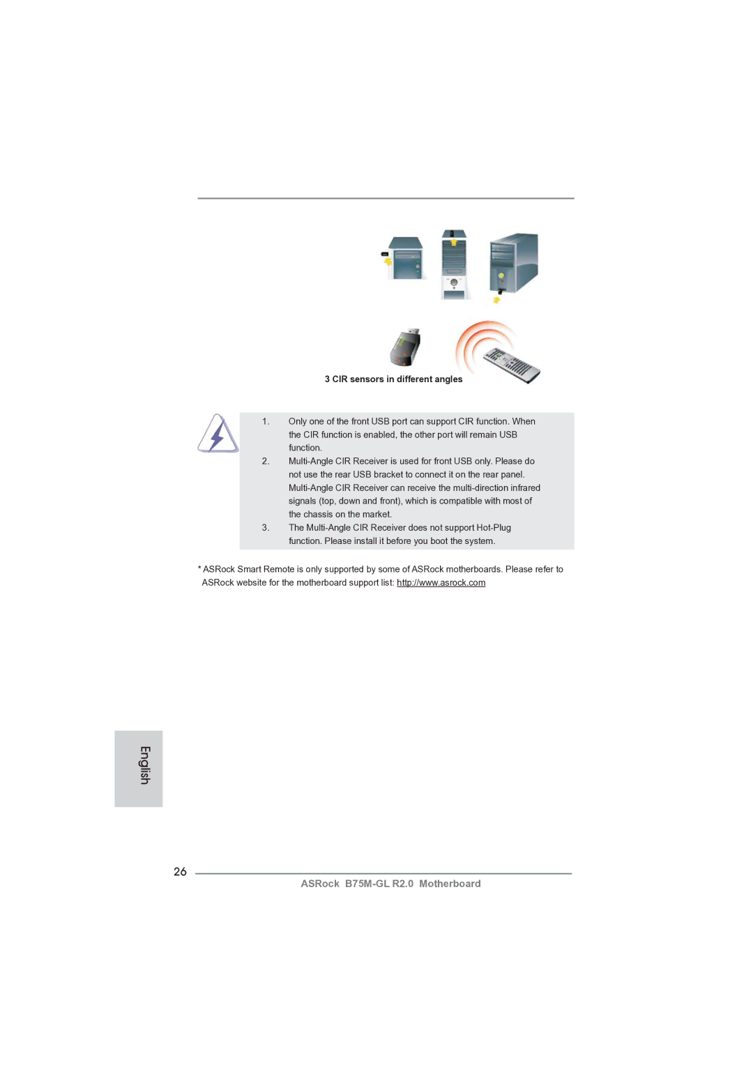 ASRock B75M-GL R2.0 manual CIR sensors in different angles 