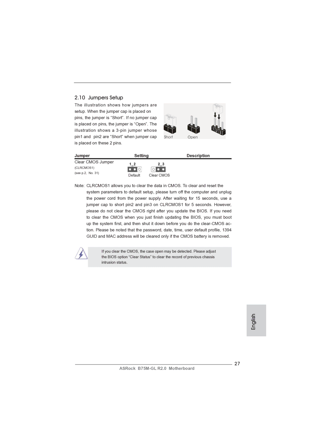 ASRock B75M-GL R2.0 manual Jumpers Setup, Description, Clear Cmos Jumper 