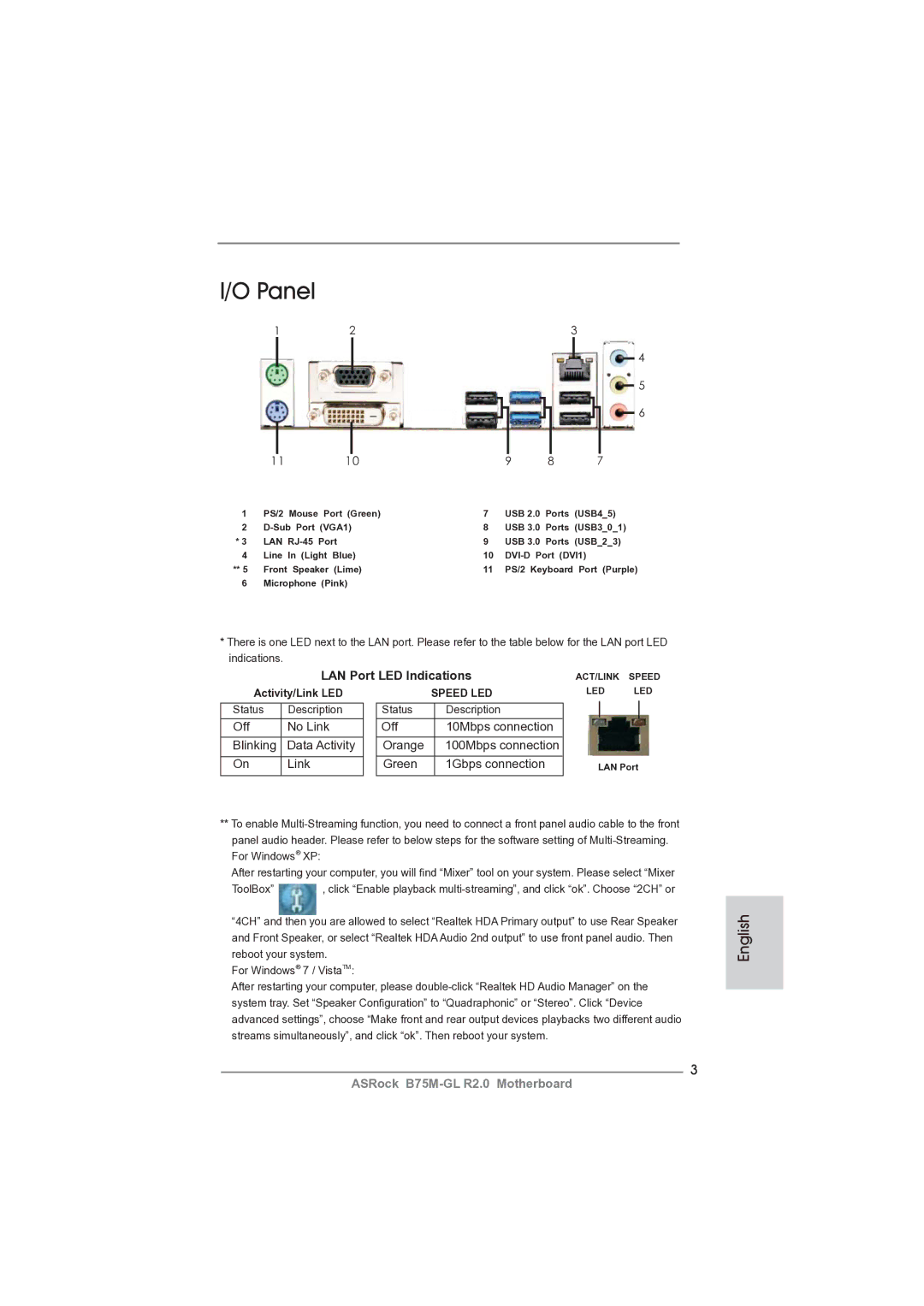 ASRock B75M-GL R2.0 manual Panel, LAN Port LED Indications, Activity/Link LED 