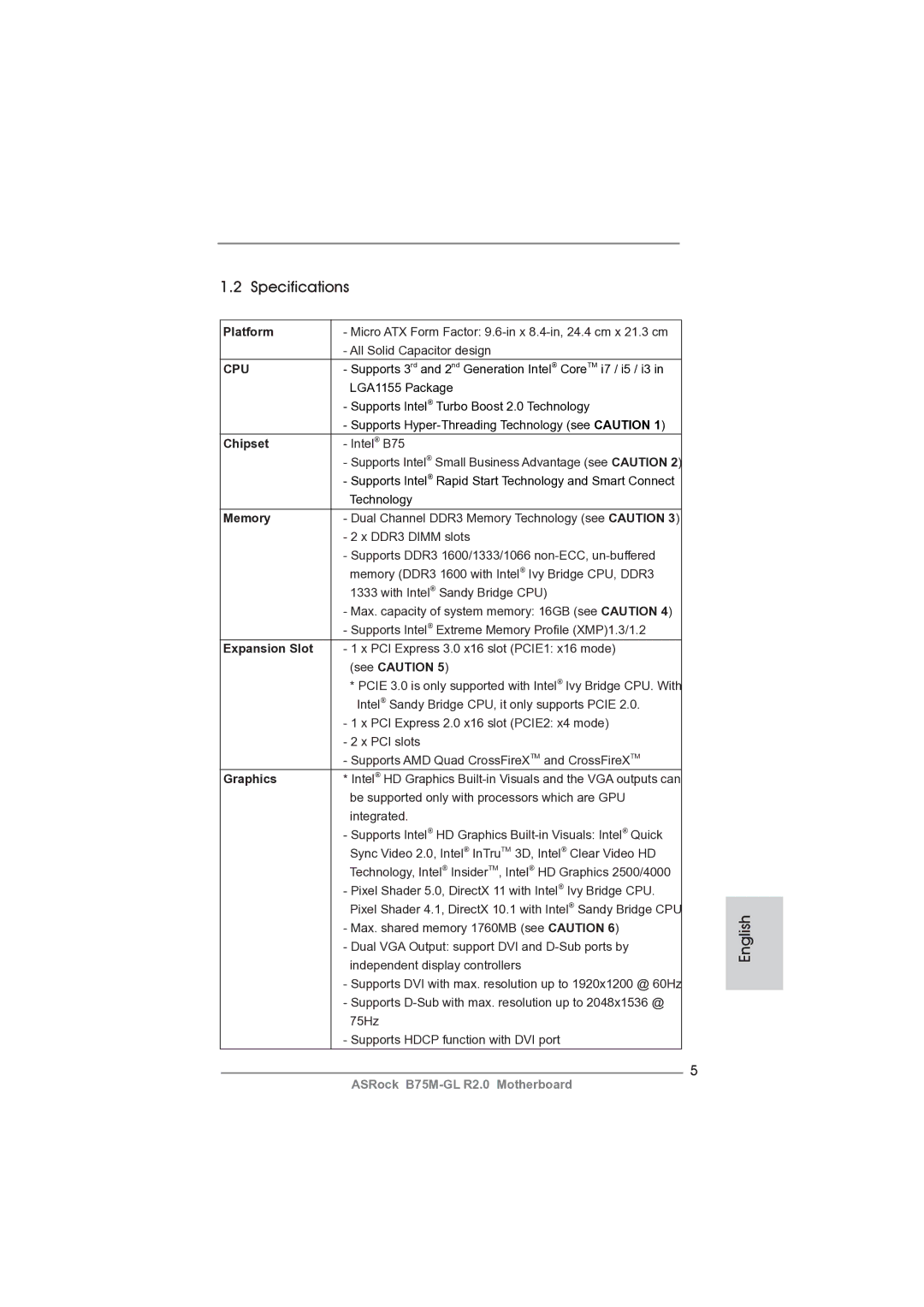 ASRock B75M-GL R2.0 manual Specifications 