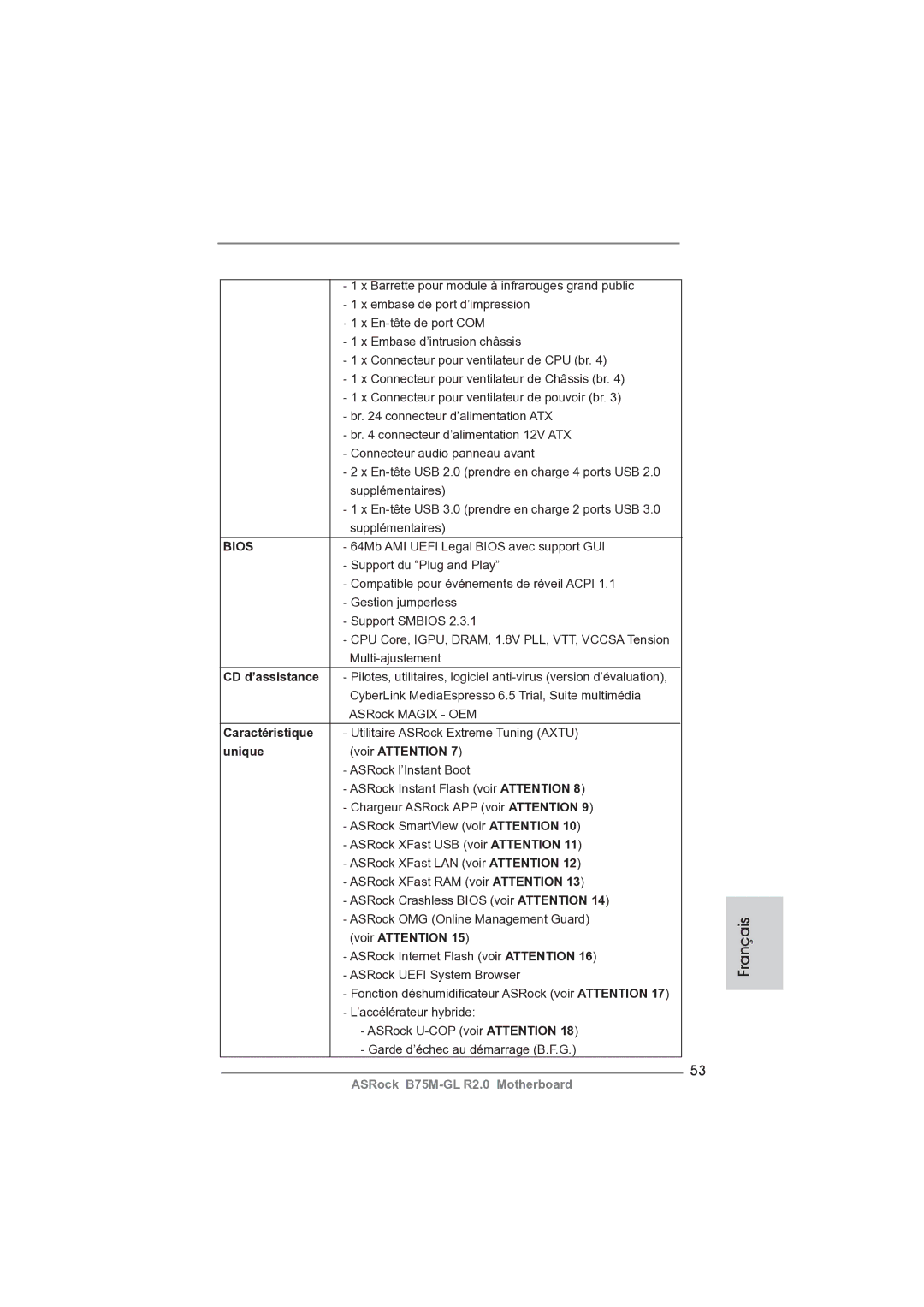 ASRock B75M-GL R2.0 manual Caractéristique, Unique Voir Attention 