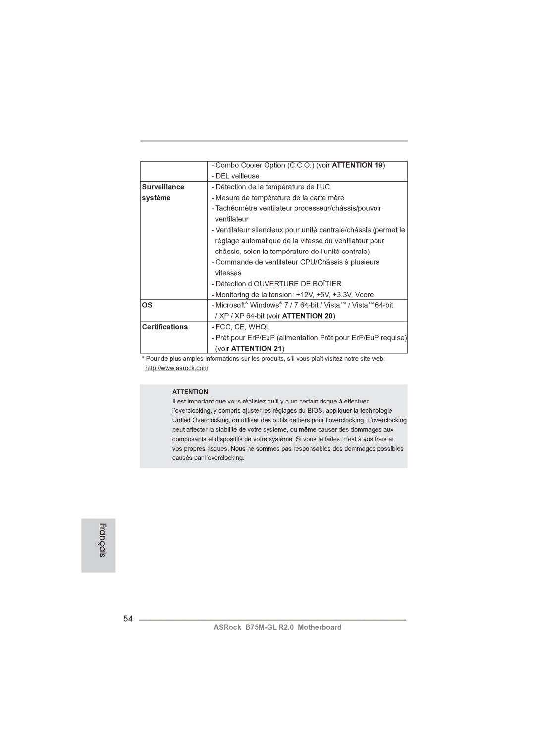 ASRock B75M-GL R2.0 manual Surveillance, Système 