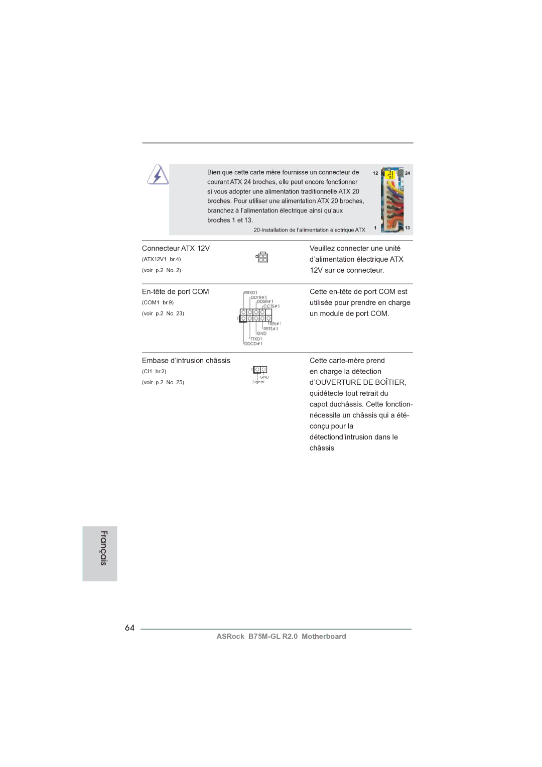 ASRock B75M-GL R2.0 manual Connecteur ATX Veuillez connecter une unité, ’alimentation électrique ATX, 12V sur ce connecteur 