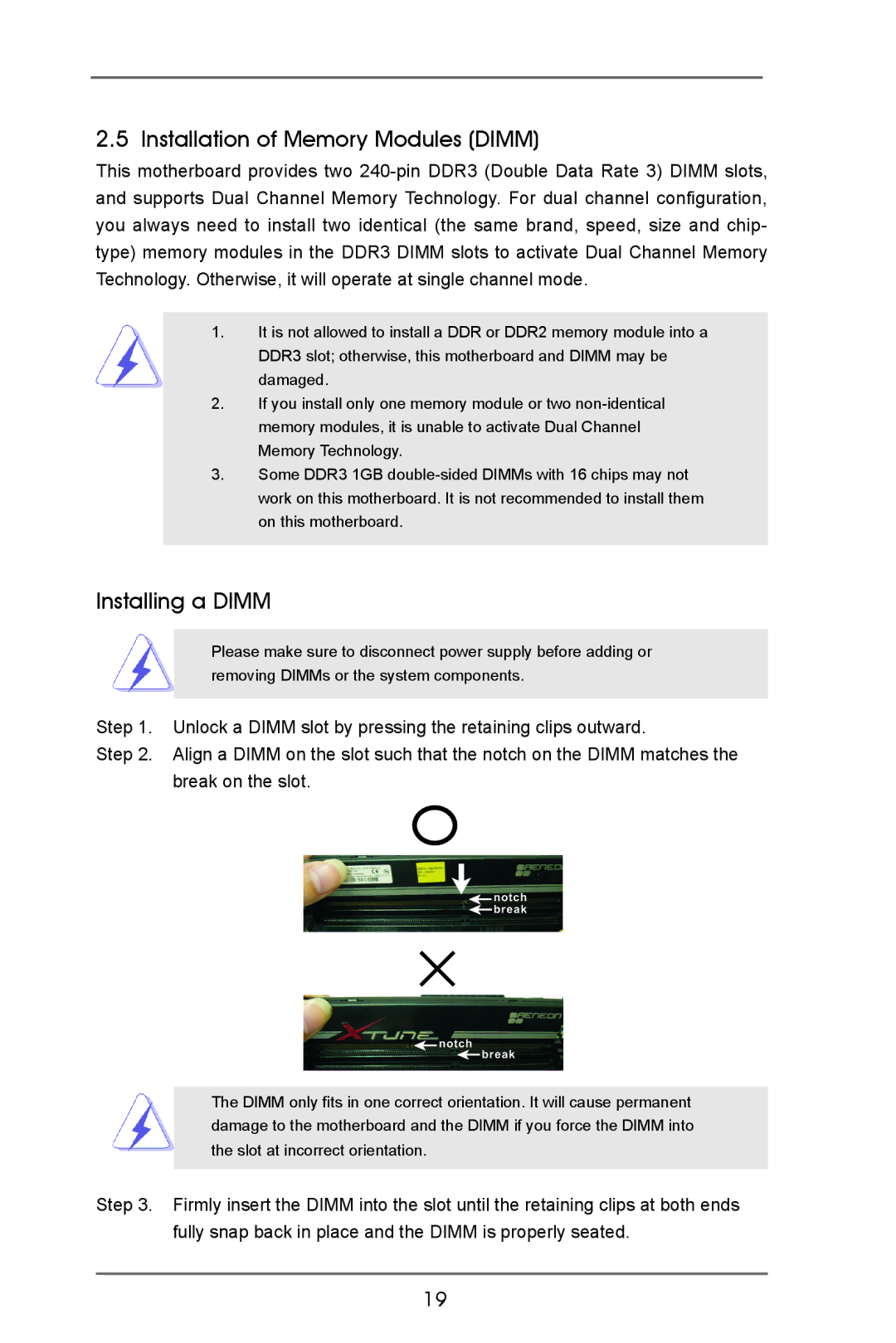 ASRock B75M R2.0 manual Installation of Memory Modules Dimm, Installing a Dimm 