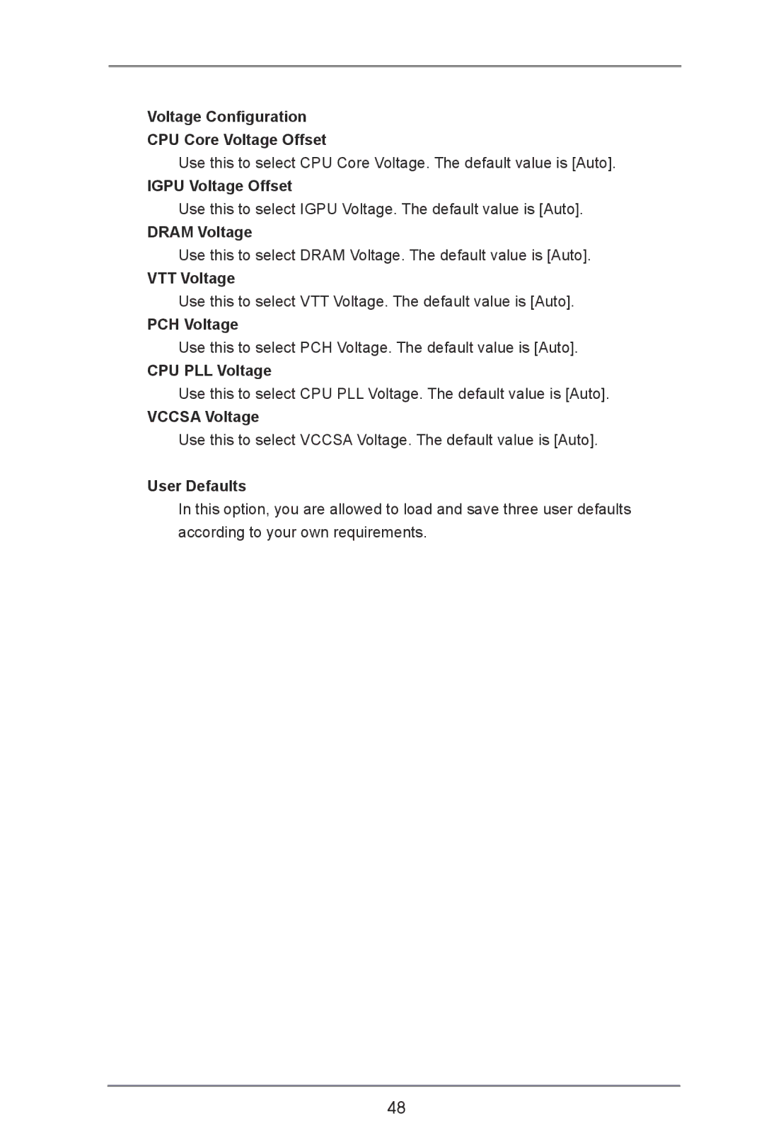 ASRock B75M R2.0 manual Voltage Configuration CPU Core Voltage Offset, Igpu Voltage Offset, Dram Voltage, VTT Voltage 