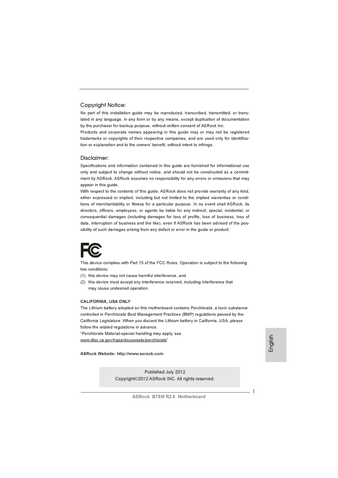 ASRock B75M R2.0 manual Copyright Notice, Disclaimer, English 