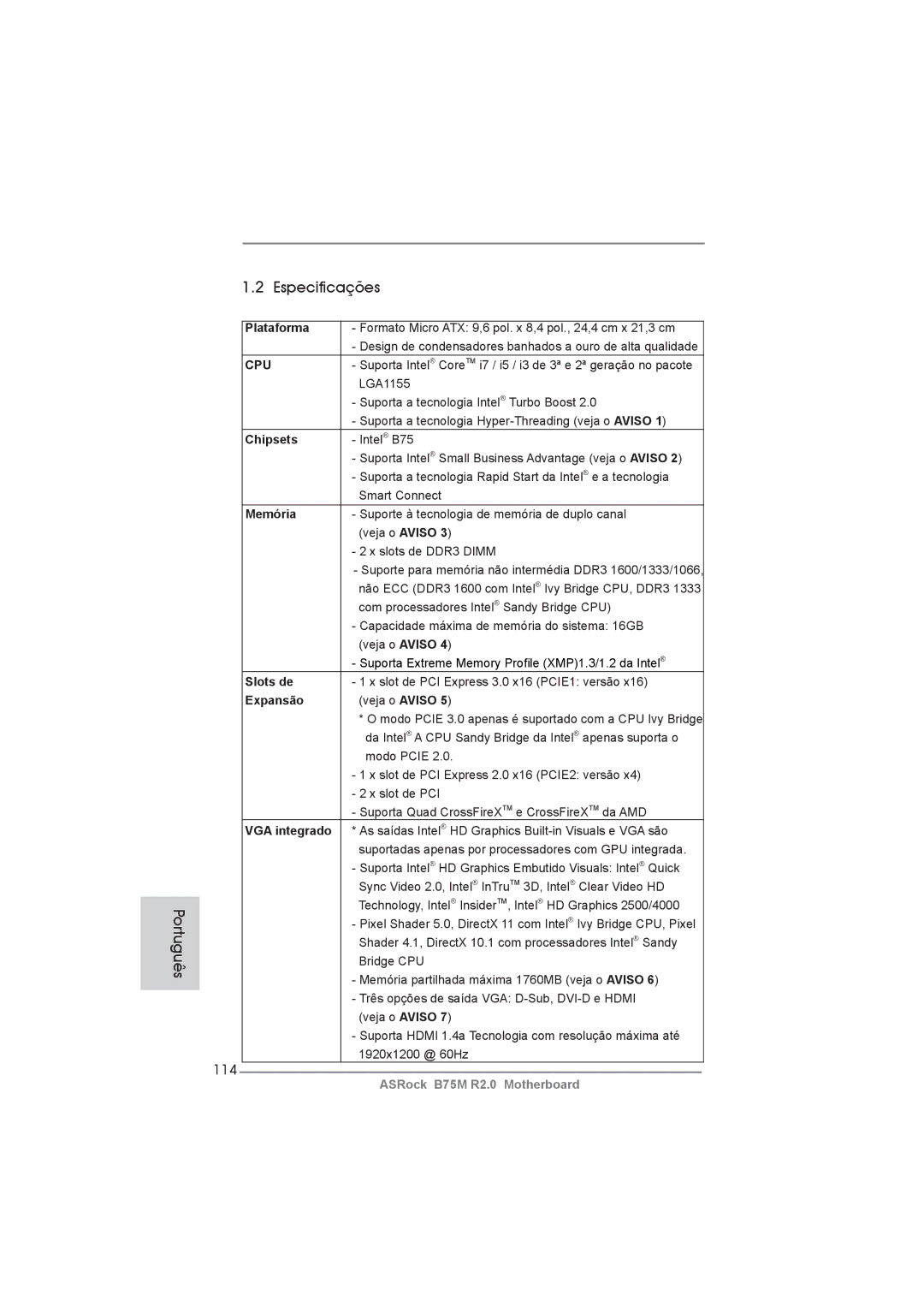 ASRock B75M R2.0 manual Especificações, 114 