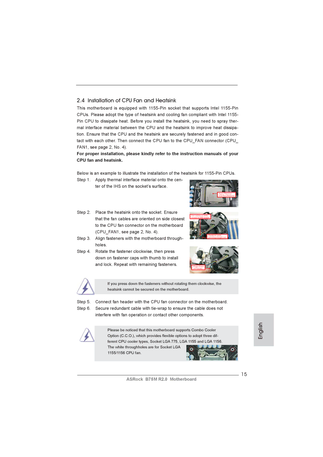 ASRock B75M R2.0 manual Installation of CPU Fan and Heatsink 