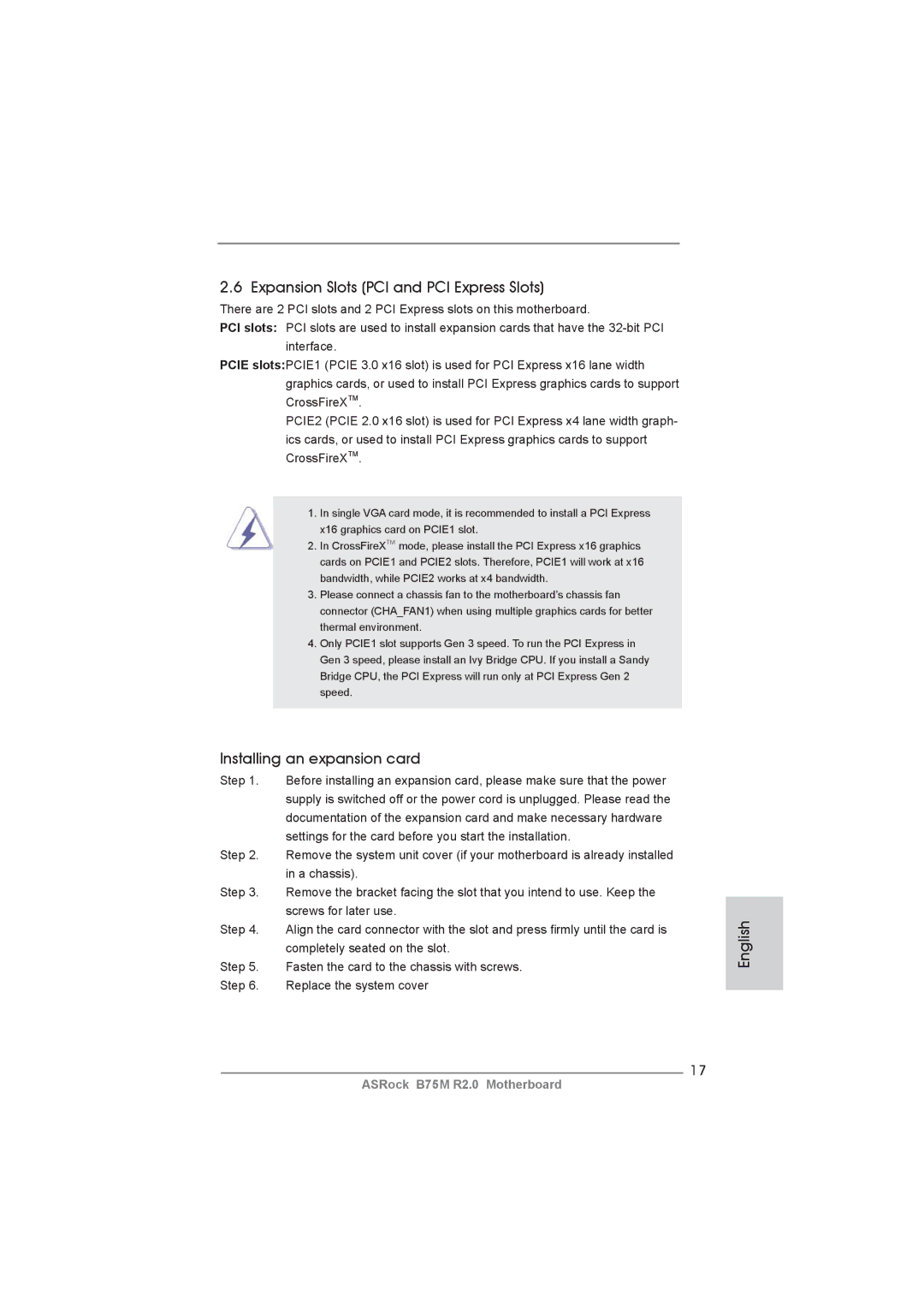 ASRock B75M R2.0 manual Expansion Slots PCI and PCI Express Slots, Installing an expansion card 