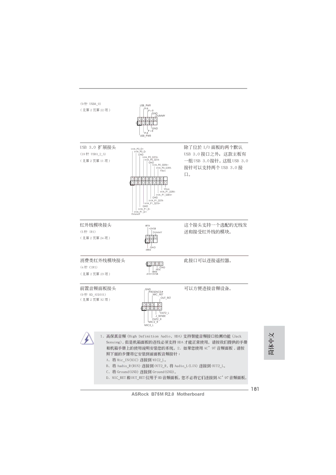 ASRock B75M R2.0 manual 181, USB 3.0 擴展接頭 